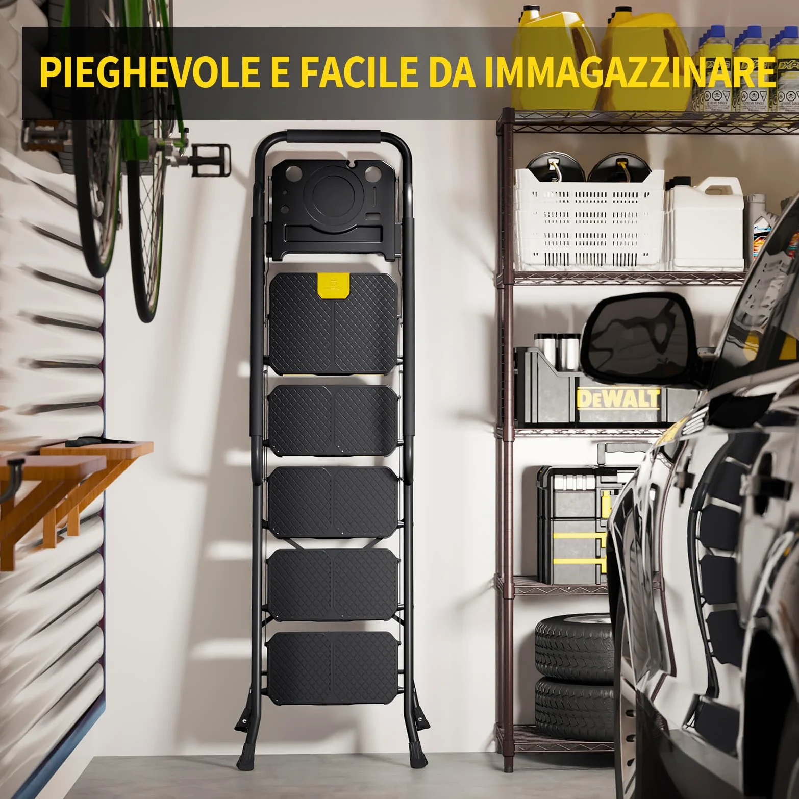 KINGRACK Scaletta 5 Gradini, Scala Pieghevole con Vaschetta Portaoggetti e Corrimano di Sicurezza, Scala Domestica in acciaio con Pedale Largo Antiscivolo, per casa, cucina, dispensa, armadi, ufficio
