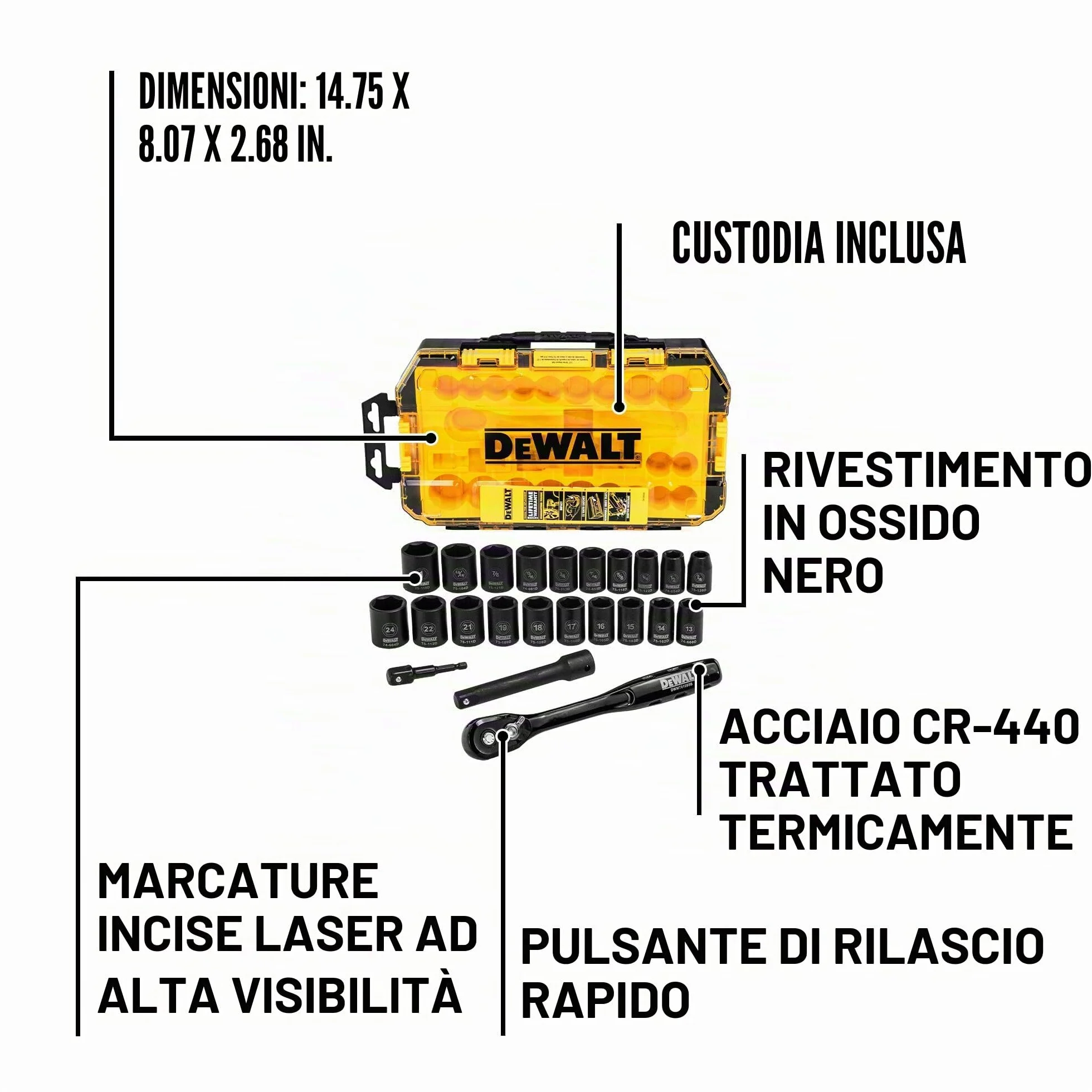 DEWALT DWMT74739 - Set di chiavi a bussola combinate da 1/2", 23 pezzi