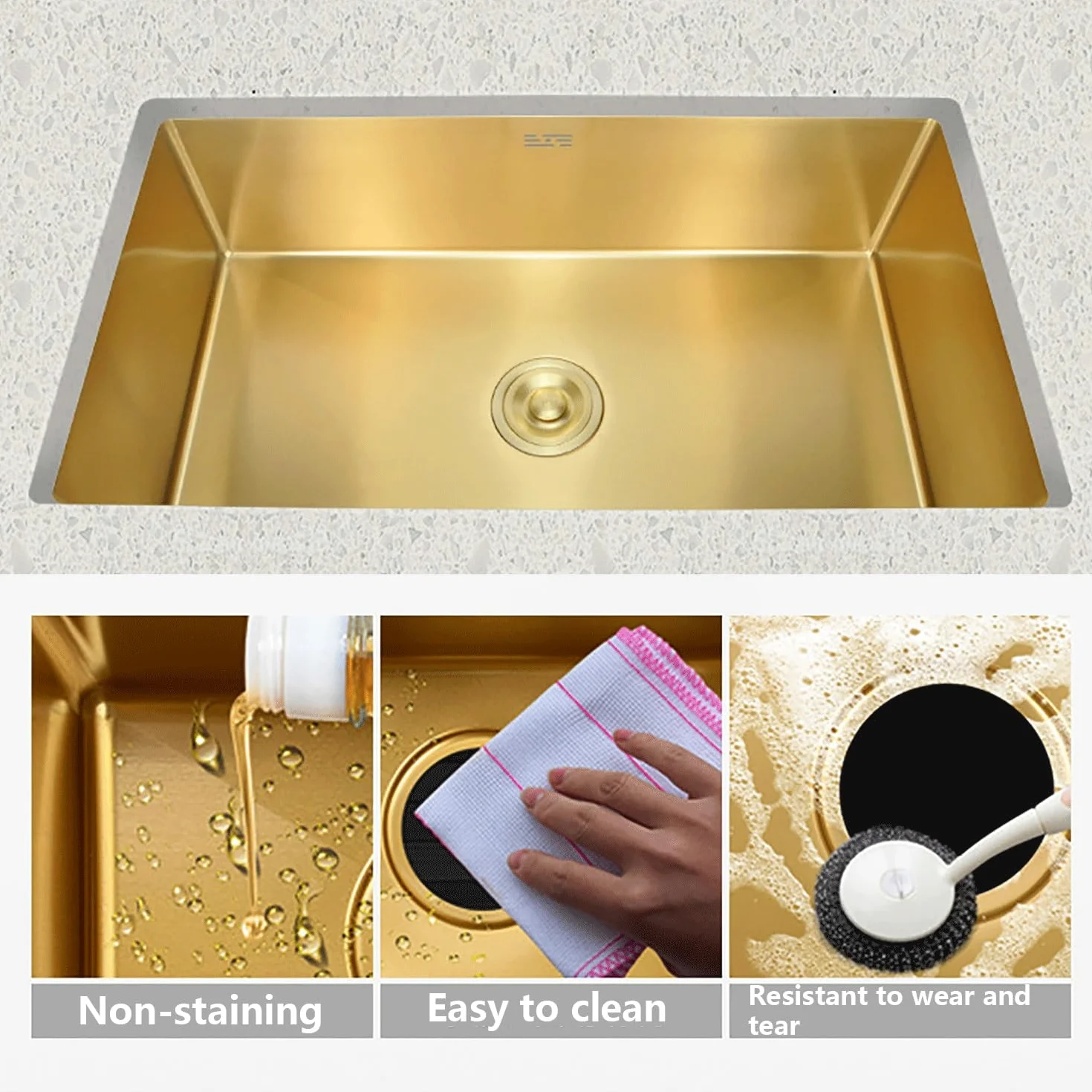 Lavello da cucina in oro Lavandino in Acciaio Inox Vasca Unica Lavabo da Cucina Incasso al mobile Lavandino Commerciale Con miscelatore Cestello di scarico for cucine,balconi,bar(60*40cm(23.6"*15.7"))