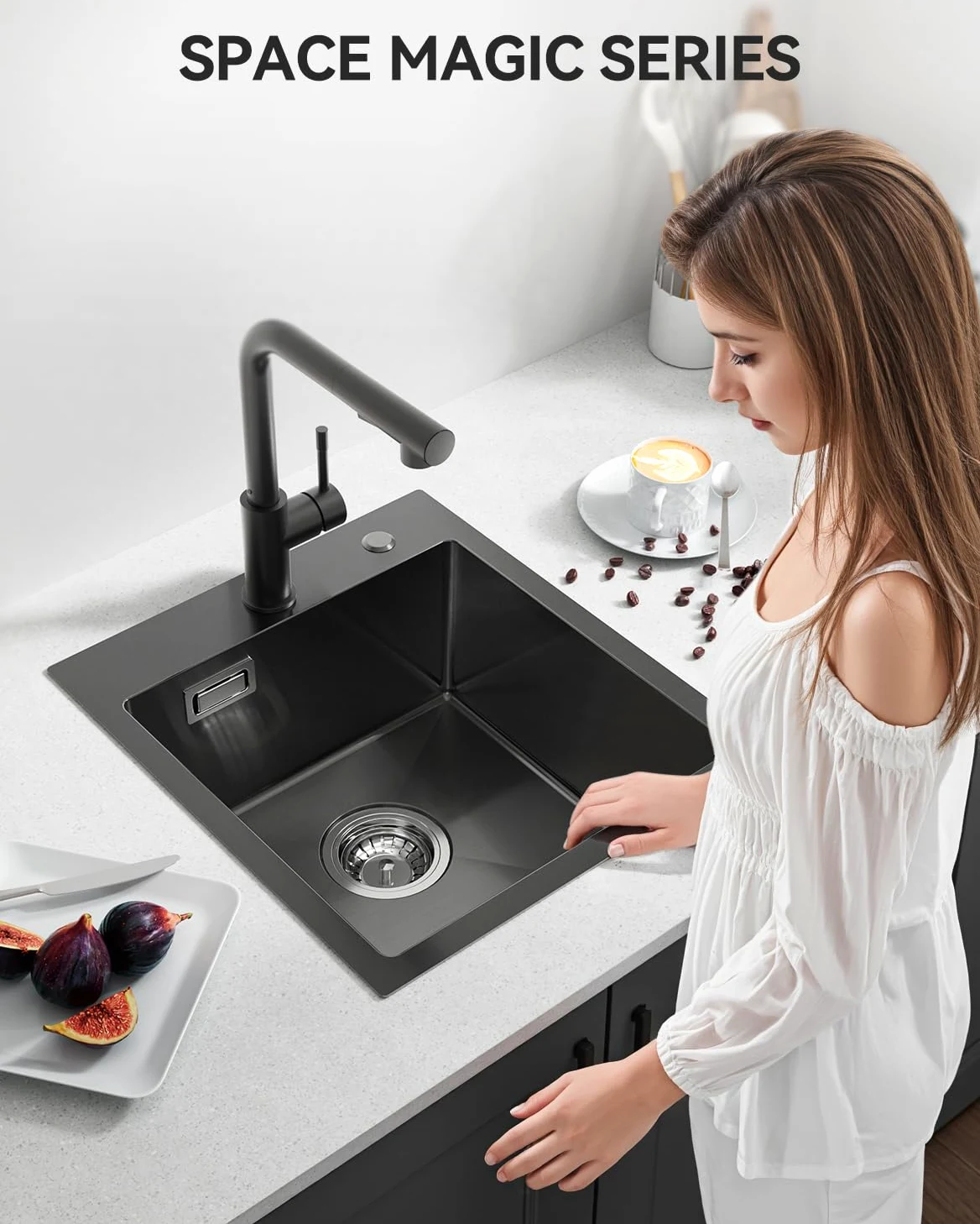 Lavello da cucina nero antracite 40 x 45 cm, con sifone, lavello da cucina in acciaio inox rettangolare per sottolavelli a partire da 40 cm di larghezza, lavandino da incasso, piccolo lavello