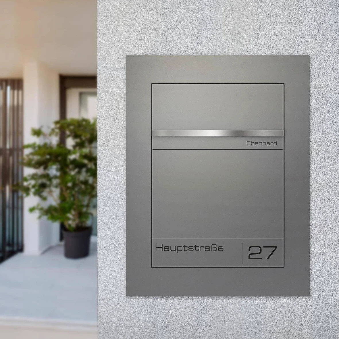 Metzler Cassetta postale da incasso grigio alluminio RAL 9007 – acciaio verniciato a polvere con targhetta nome in acciaio inox incisa – impermeabile, design a filo muro formato DIN A4