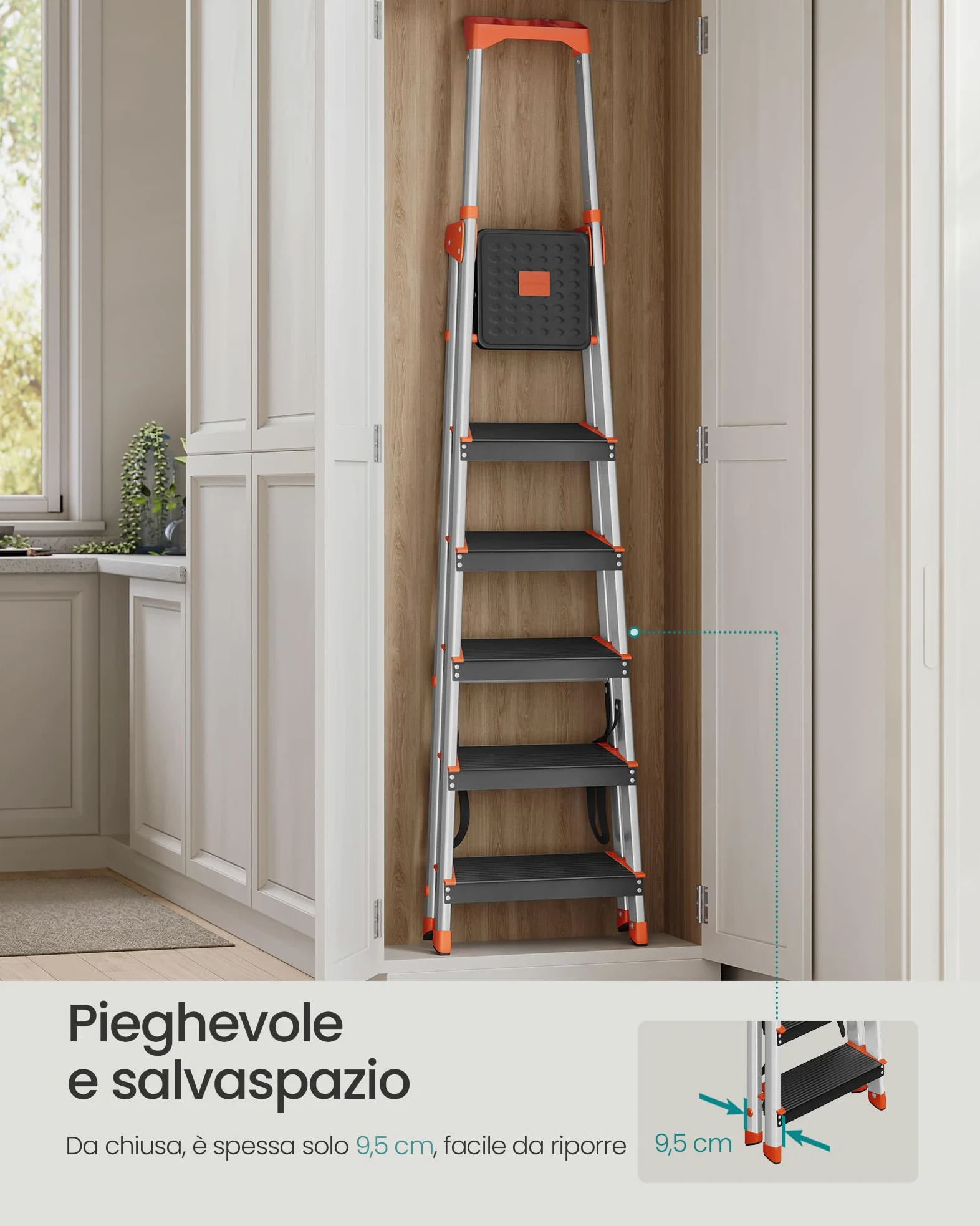 SONGMICS Scaletta a 6 Gradini, Scala Pieghevole in Lega di Alluminio, Gradini Larghi 12 cm, con Portautensili e Piedini Antiscivolo, Max. Portata Statica 150 kg, Nero e Arancione GLT06BK