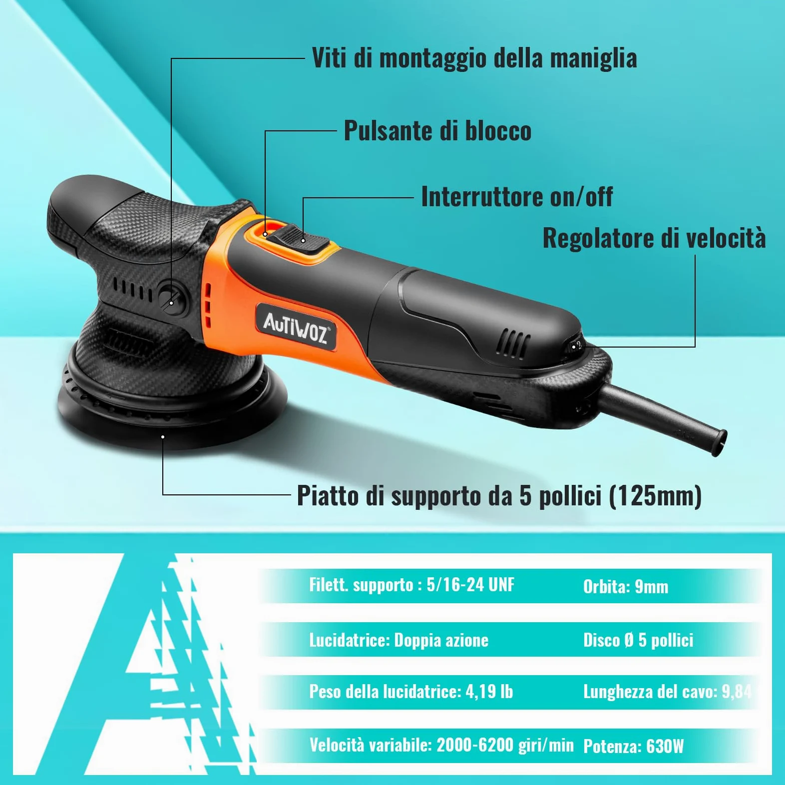AUTIWOZ 630W Lucidatrice Auto Orbitale 9mm,125mm Kit di Lucidatura,Levigatura Eccentrica Piccole Dimensioni,6 Velocità Variabili (2000-6200 giri/min),Cura dell'auto,Rimozione dei graffi - W01