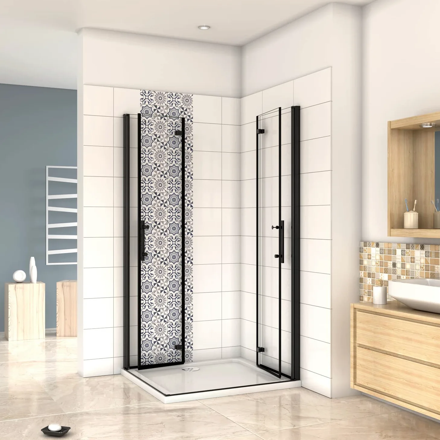 190cm Box Doccia Angolare Doppia Porta Battente Pieghevole 120x80cm in Vetro Temperato Trasparente 5 mm Anticalcare Telaio Nero Opaco