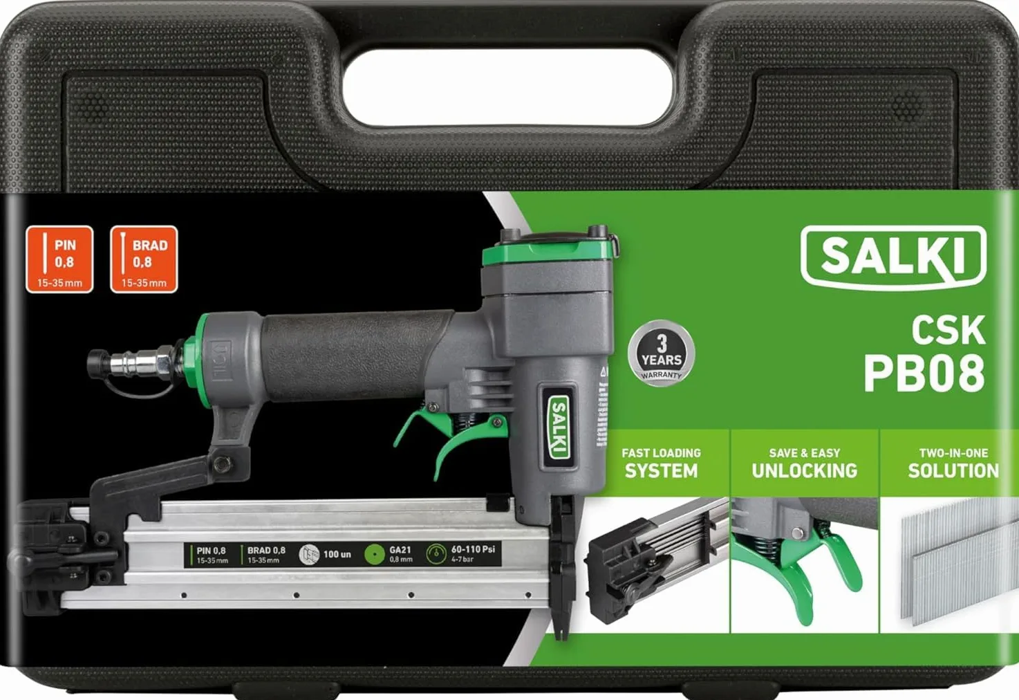 SALKI Chiodatrice ad aria compressa CSK PB08 + 2.000 pin 0,8 x 30 mm + 2.000 chiodi brad 0,8 x 30 mm | pistola per unghie ad aria compressa | morsetto per falegnameria e lavorazione del legno