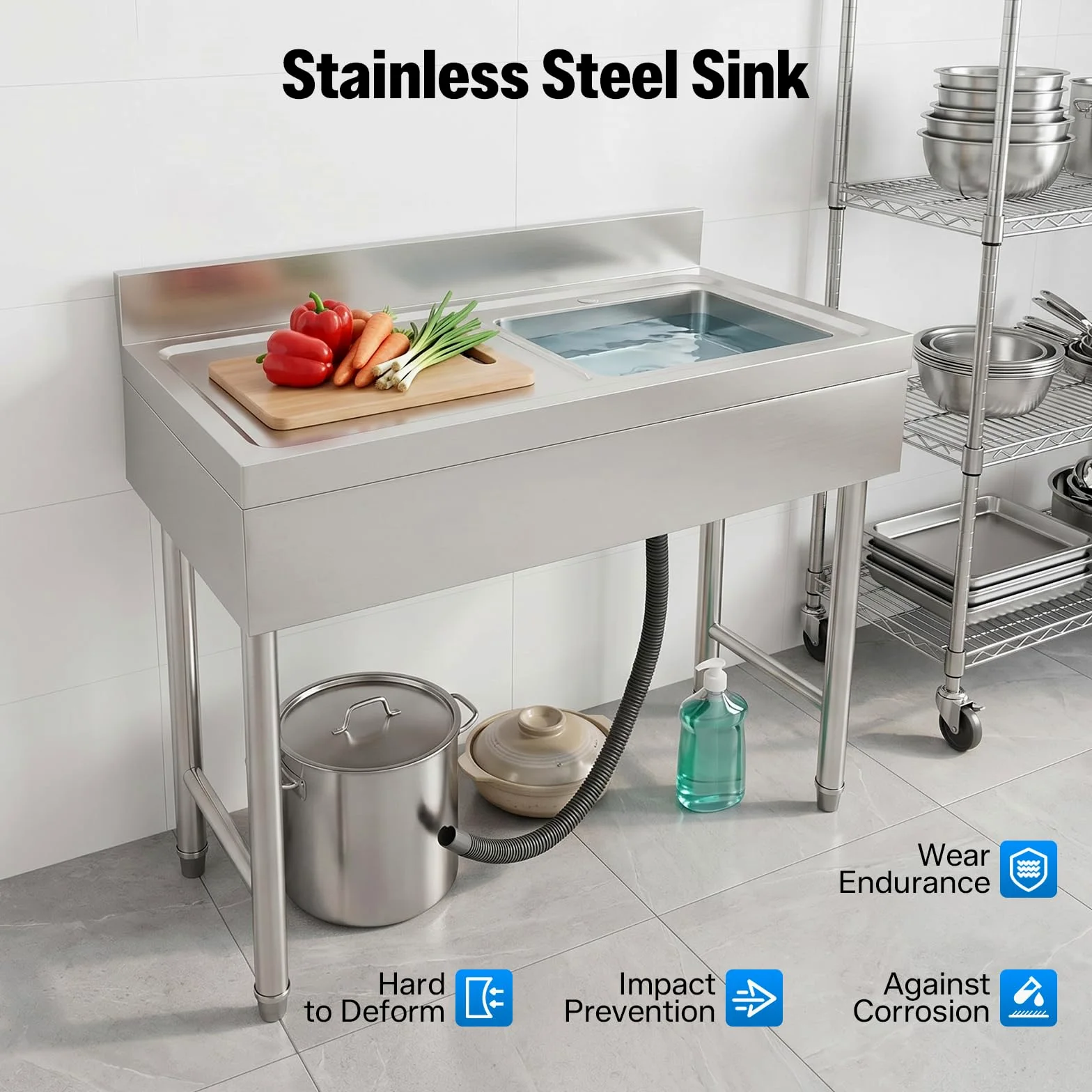 Lavello in Acciaio Inox Acciaio Inox Lavello da Cucina 100x50x80cm Lavello Da Cucina Indipendente Capacità di Carico di 150kg Lavandino da Esterno Regolazione Dell'altezza da 1-3 cm