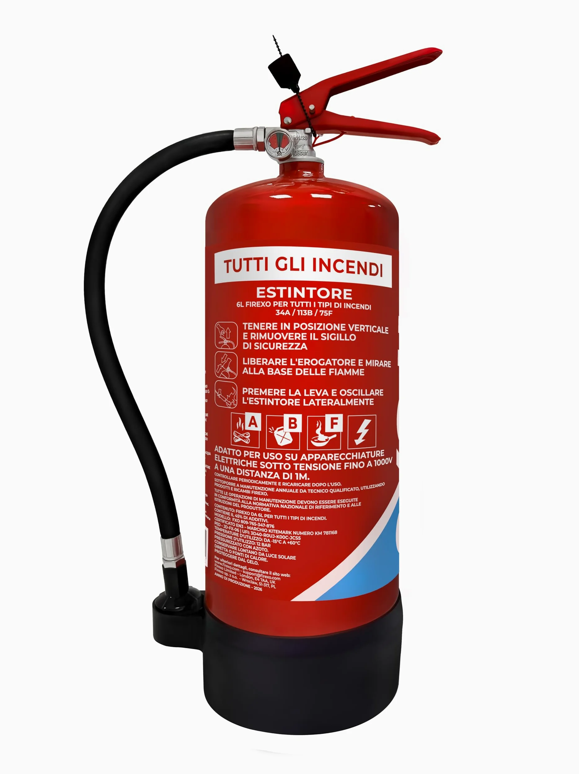 Firexo Estintore (6 Liter) - Fire Extinguisher Per Casa, Ristorante, Cucina, Camper, Lavoro, Barca, Camino - Estintore per tutte le classi di incendio