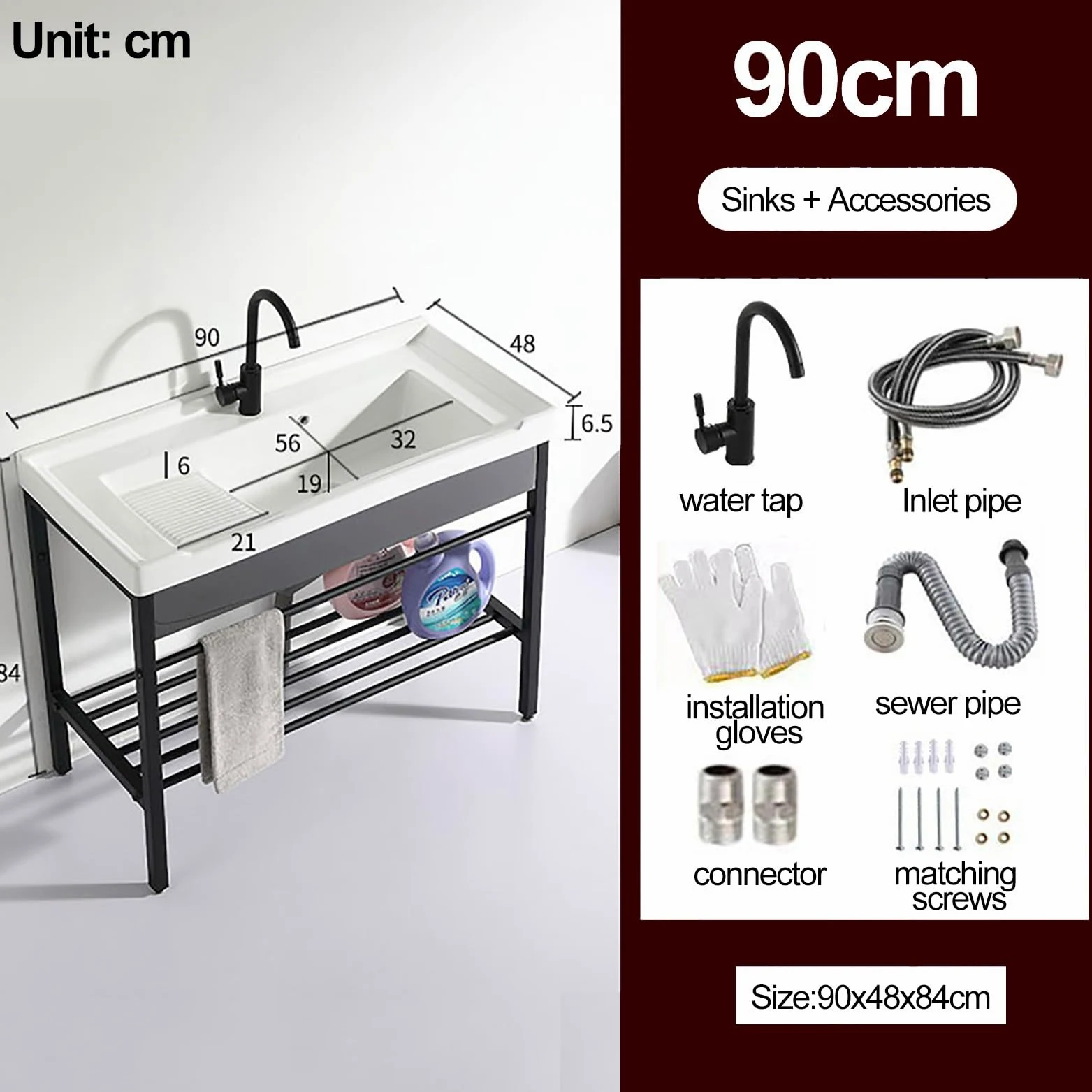 Lavandino In Ceramica Bianco, Lavabo Autoportante Con Rubinetto, Lavatoio Con Piedistallo Supporto In Acciaio Inossidabile, Lavello Per Lavanderia, Per Lavanderia, Ripostiglio, Garage, Cantina (Size