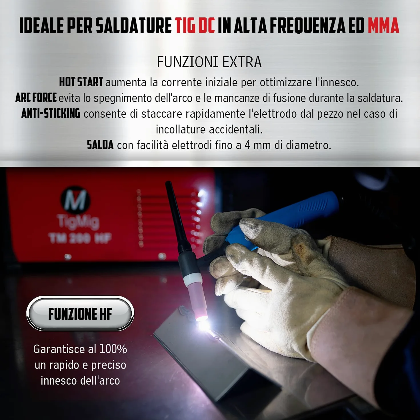 TIGMIG Saldatrice inverter DC TIG e MMA (Elettrodo), Mod. TM 200 HF, Innesco Alta Frequenza, 200 Amp, Con Accessori, Funzioni Hot Start, Arc Force, Anti-sticking in modalità MMA, Portatile, Compatta