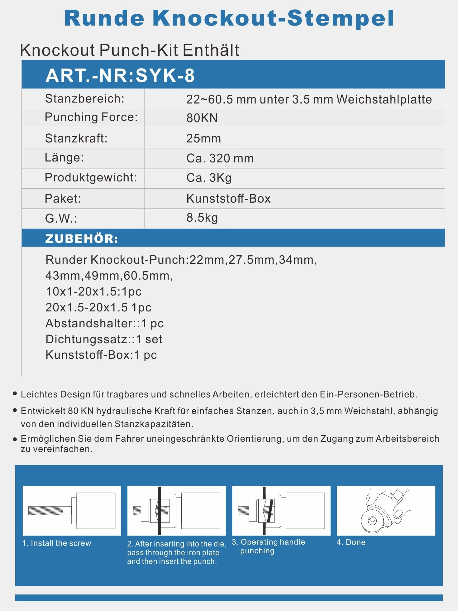 AMZCNC Set di punzonatrici idrauliche per fori Knockout, 8 t, con 6 fustelle da 22 mm, 27,5 mm, 34 mm, 43 mm, 49 mm, 60,5 mm, perforatrici idrauliche