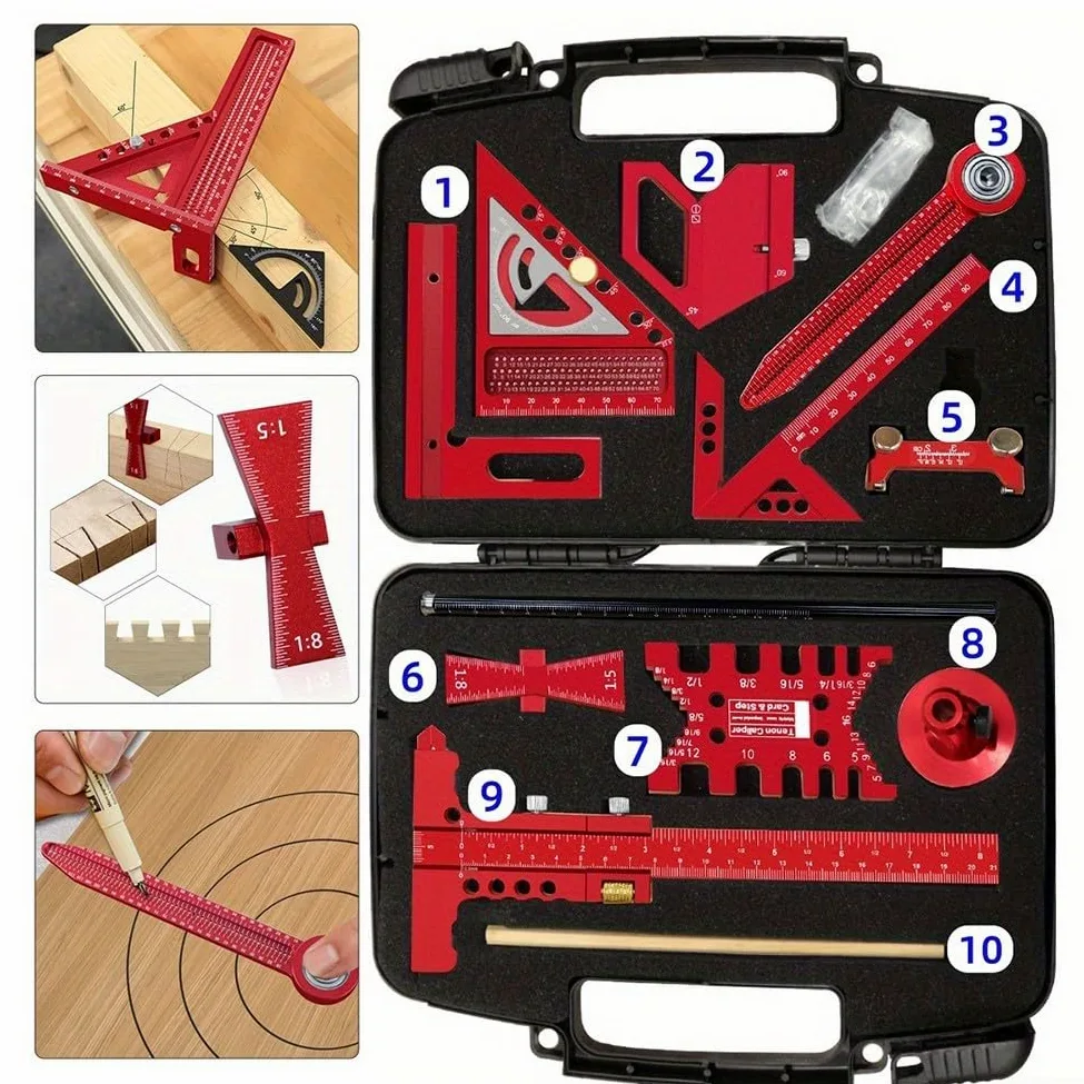 Kit di strumenti di misurazione, set di strumenti di misurazione per la lavorazione del legno con scatola di stoccaggio, righello per carpentiere, calibro per officina fai-da-te professionale (9 pezzi