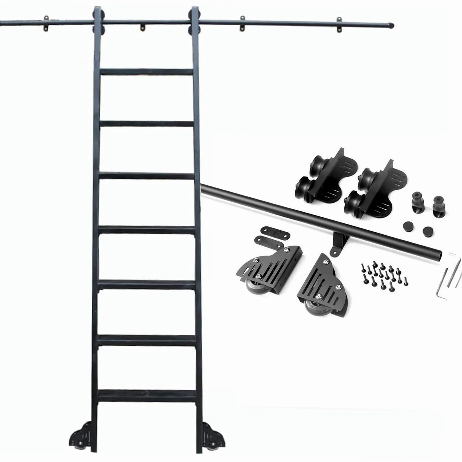Kit Hardware per Scala Scorrevole per libreria Binario Scorrevole - Kit Completo di binari per Scala Scorrevole telescopica, con Ruote Inferiori con Freno (Senza Scala) Kit Binario