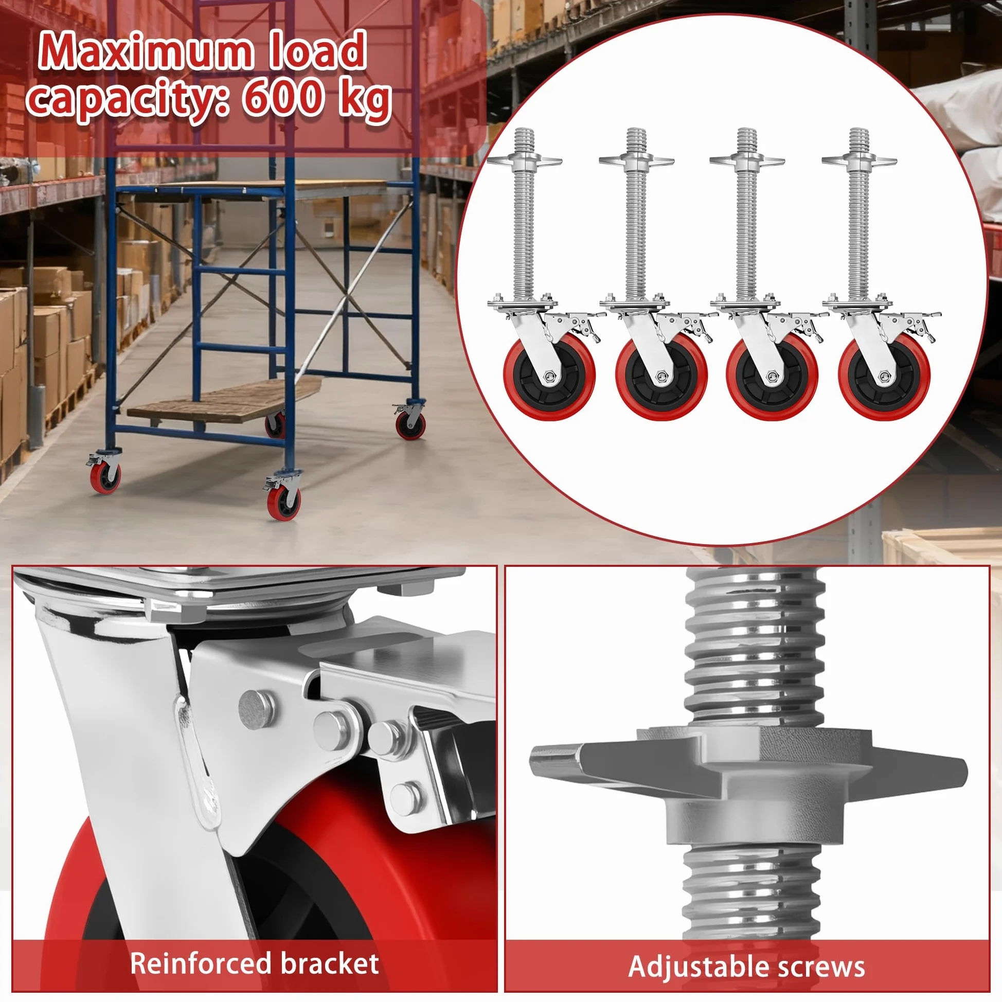 Set di 4 ruote per ponteggi con freno, gambe regolabili da 15,2 cm, ruote in gomma di bloccaggio resistenti per ponteggi e torri