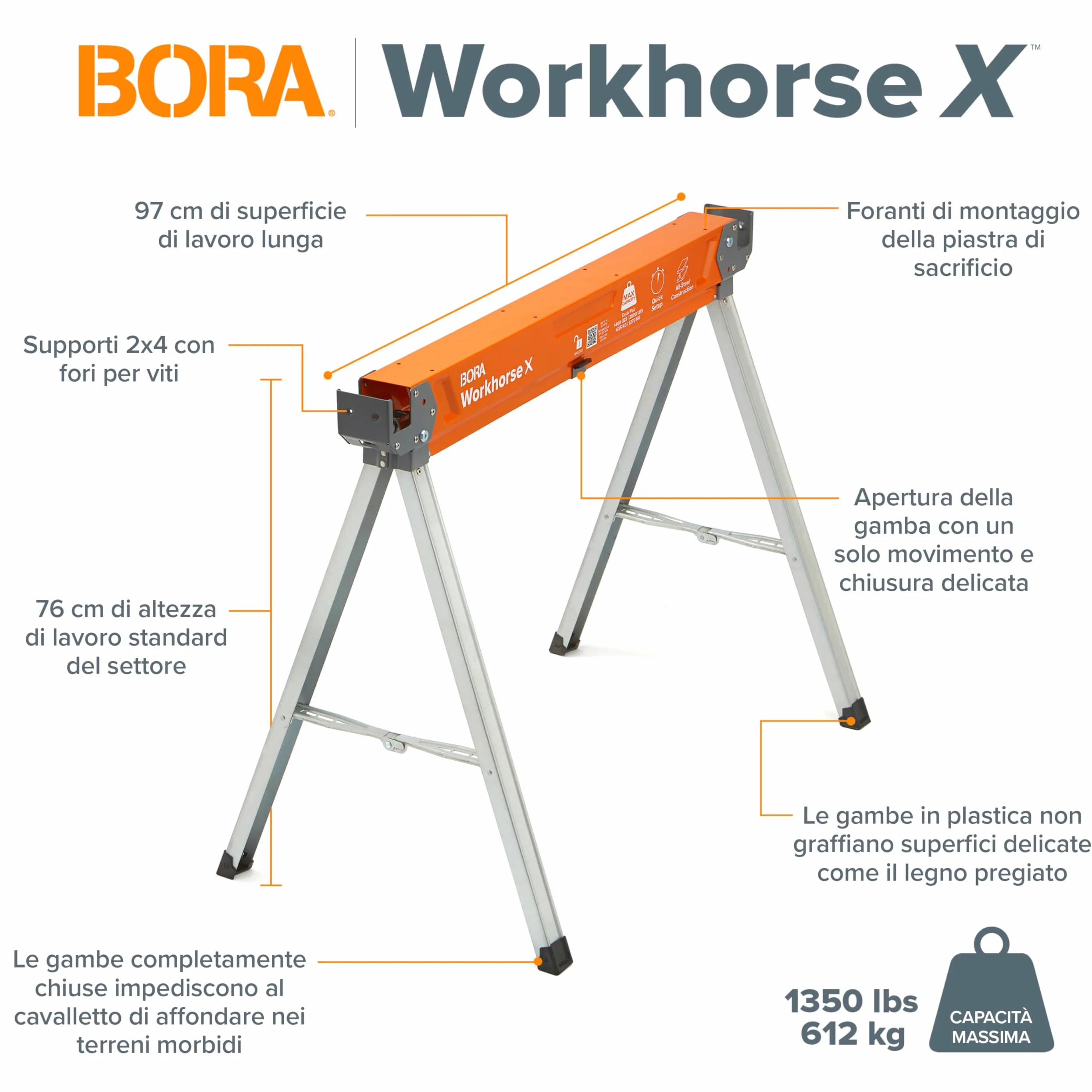 BORA Workhorse PM-3350T – Coppia Cavalletti da Lavoro Pieghevoli in Acciaio, 612 kg per Cavalletto, Uso Professionale