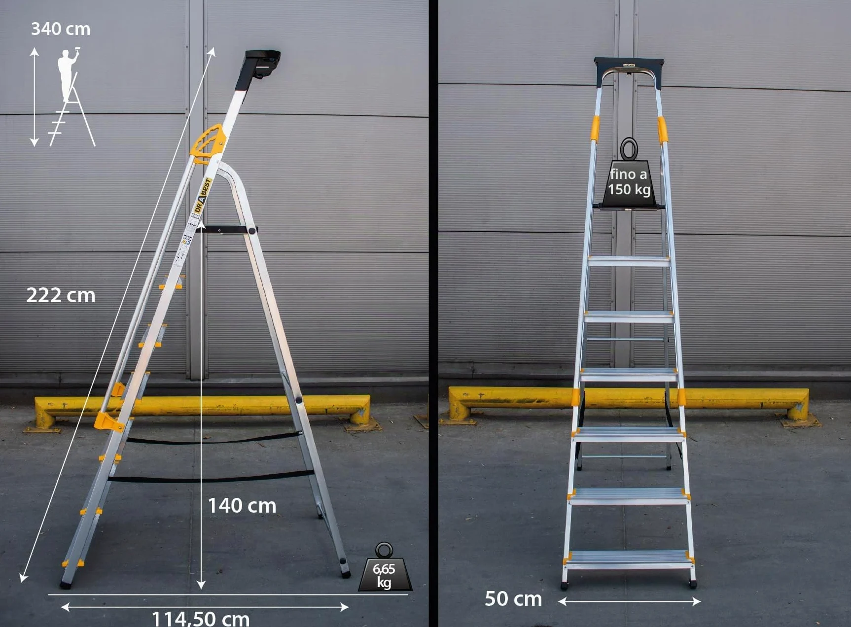 DRABEST SCALETTE SERIE PRO Scala Domestica in Alluminio a 7 Gradini con Corrimano 150kg - Scaletta Multiuso Scaletta Pieghevole - 50x217x12cm