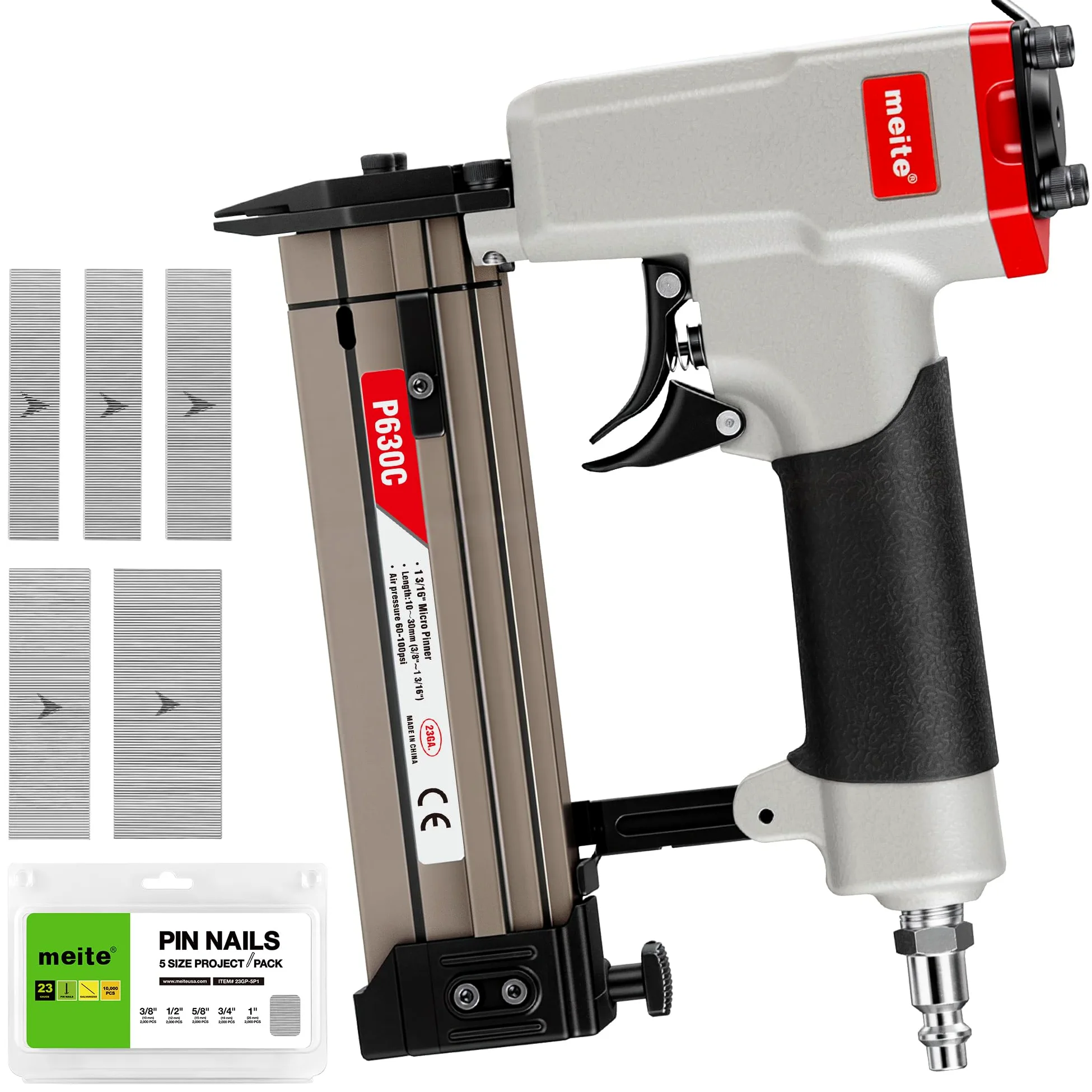 meite Chiodatrice a perno calibro 23 con 6000 chiodi (3/8", 1/2", 5/8", 3/4", 2,5 cm), pistola pneumatica chiodatrice per pin, accetta chiodi da 3/8" a 1-3/16", ideale per armadi, artigianato