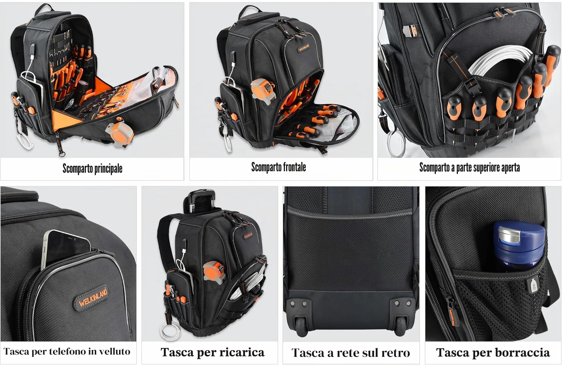 WELKINLAND Zaino porta attrezzi con 72 tasche e rotelle, Grande borsa porta attrezzi con ruote, Borsa porta attrezzi per elettricisti con rotelle per uomini