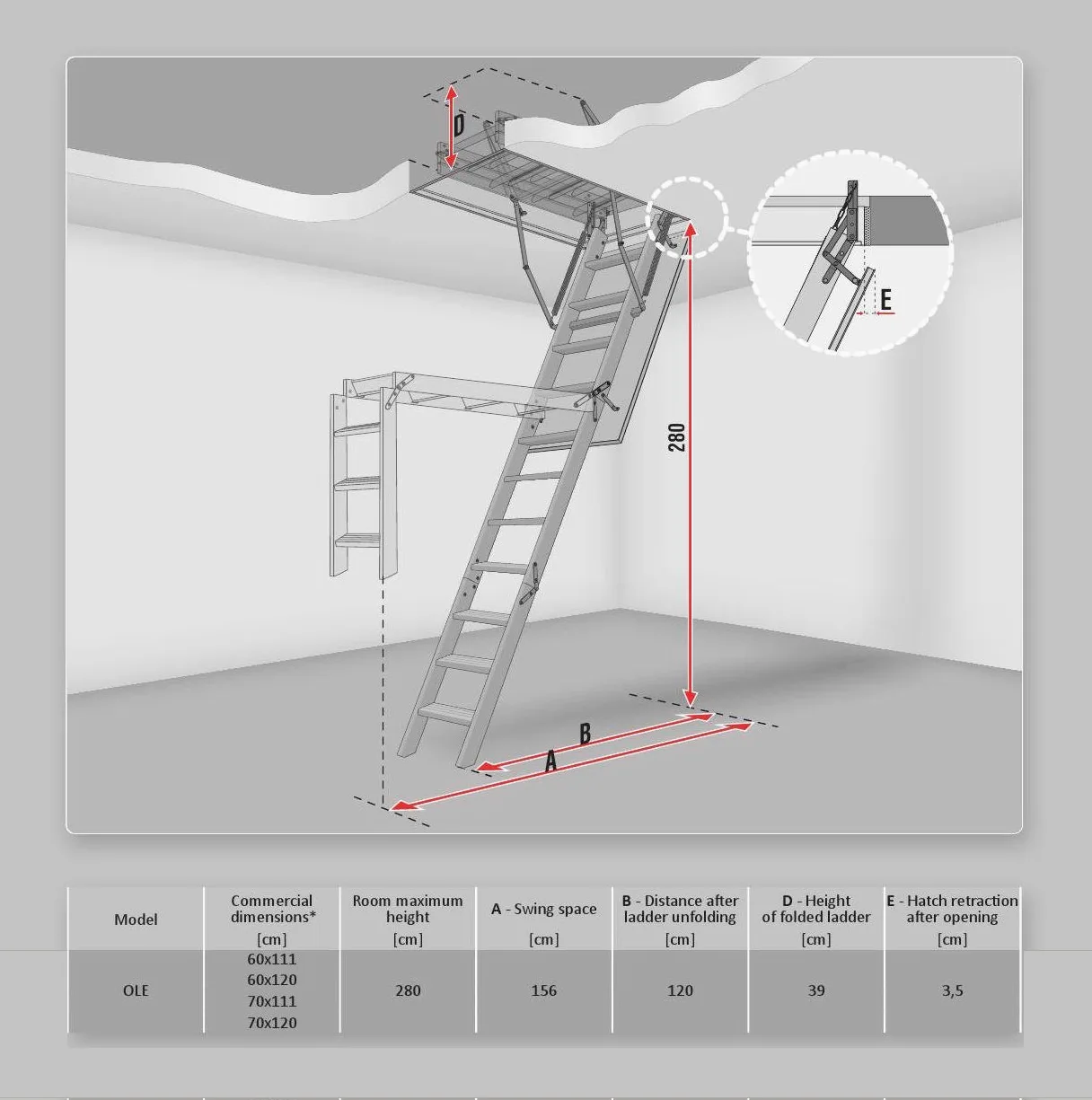 Scala pieghevole in legno per mansarda e soffitta, dimensioni del telaio: larghezza 70 cm x lunghezza 111 cm altezza fino a 280 cm e portello isolato