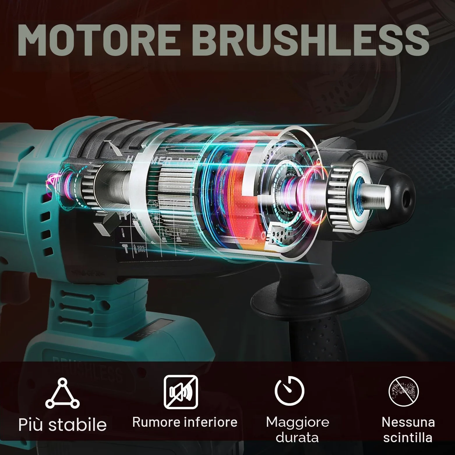 Martello Perforatore a Batteria 21V 4Ah*2 Batteria，Motor Sin Escobillas, Adatti per Cemento, Muratura, Pareti, Perforazione, Martellatura e Demolizione