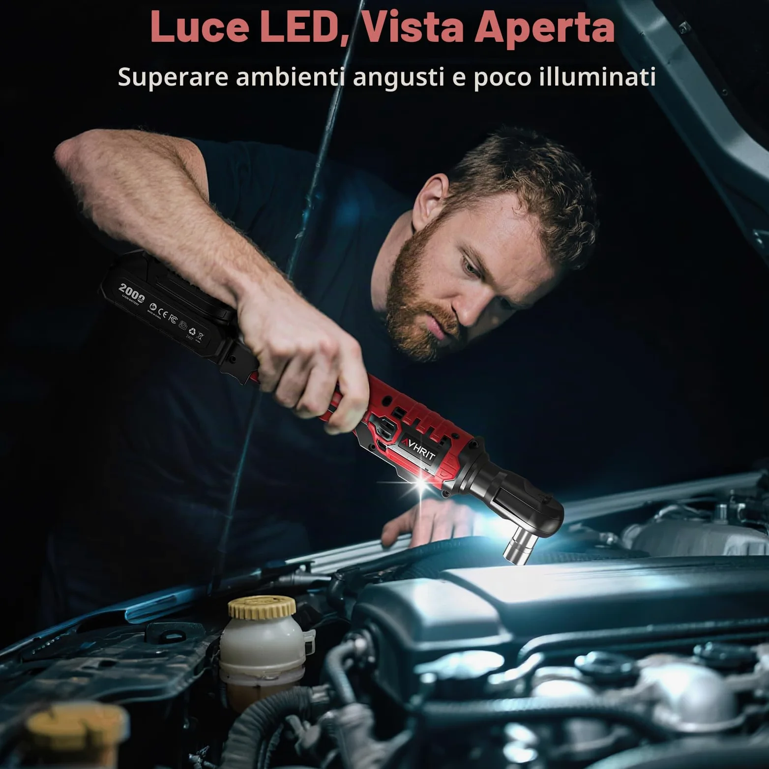 Chiave a cricchetto elettrica 3/8" Senza Fili: 120Nm (88 Ft-lbs) + 200 RPM, con 2 Batterie 2.0Ah, Luce LED e Set da 11 Boccole,Potente chiave elettrica per Auto e Riparazioni Domestiche