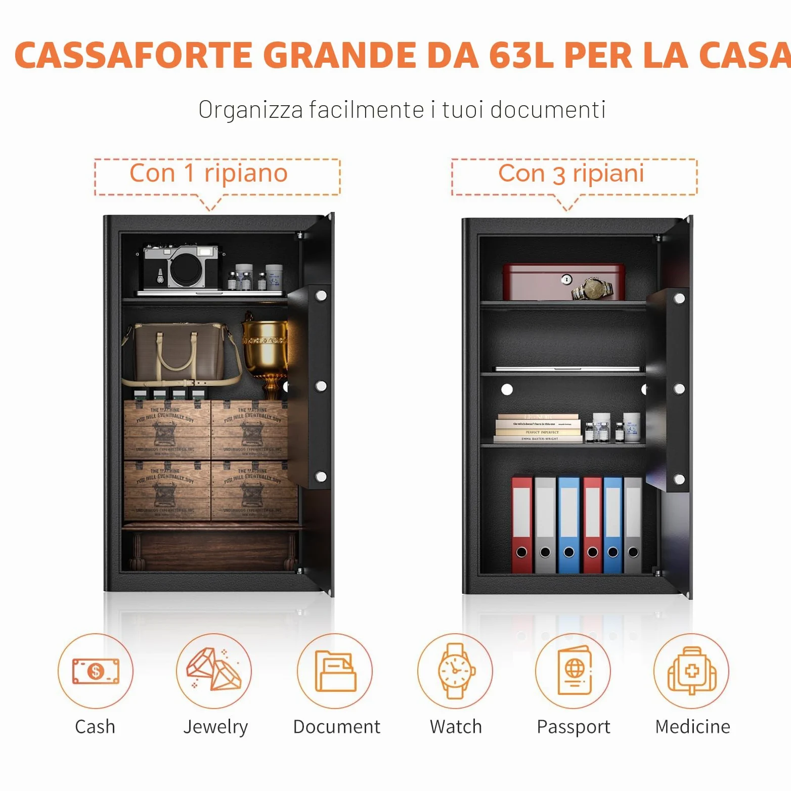 WASJOYE Cassaforte con Chiave, Cassaforte a Muro con Serratura 2 Chiaves (63×37×31cm), Cassetta di Sicurezza da Pavimento, Casa/Ufficio Casseforti da Armadio per Soldi Telefono Medicina Passaporto