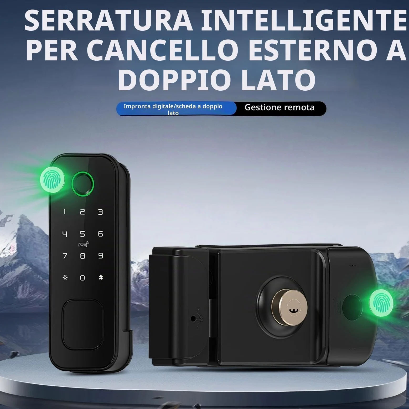 Serratura Smart da Esterno Impermeabile IP66 - Accesso con Impronta Digitale e Tessera su Entrambi i Lati - 5-in-1 con WiFi per Cancelli da Giardino (Nero)