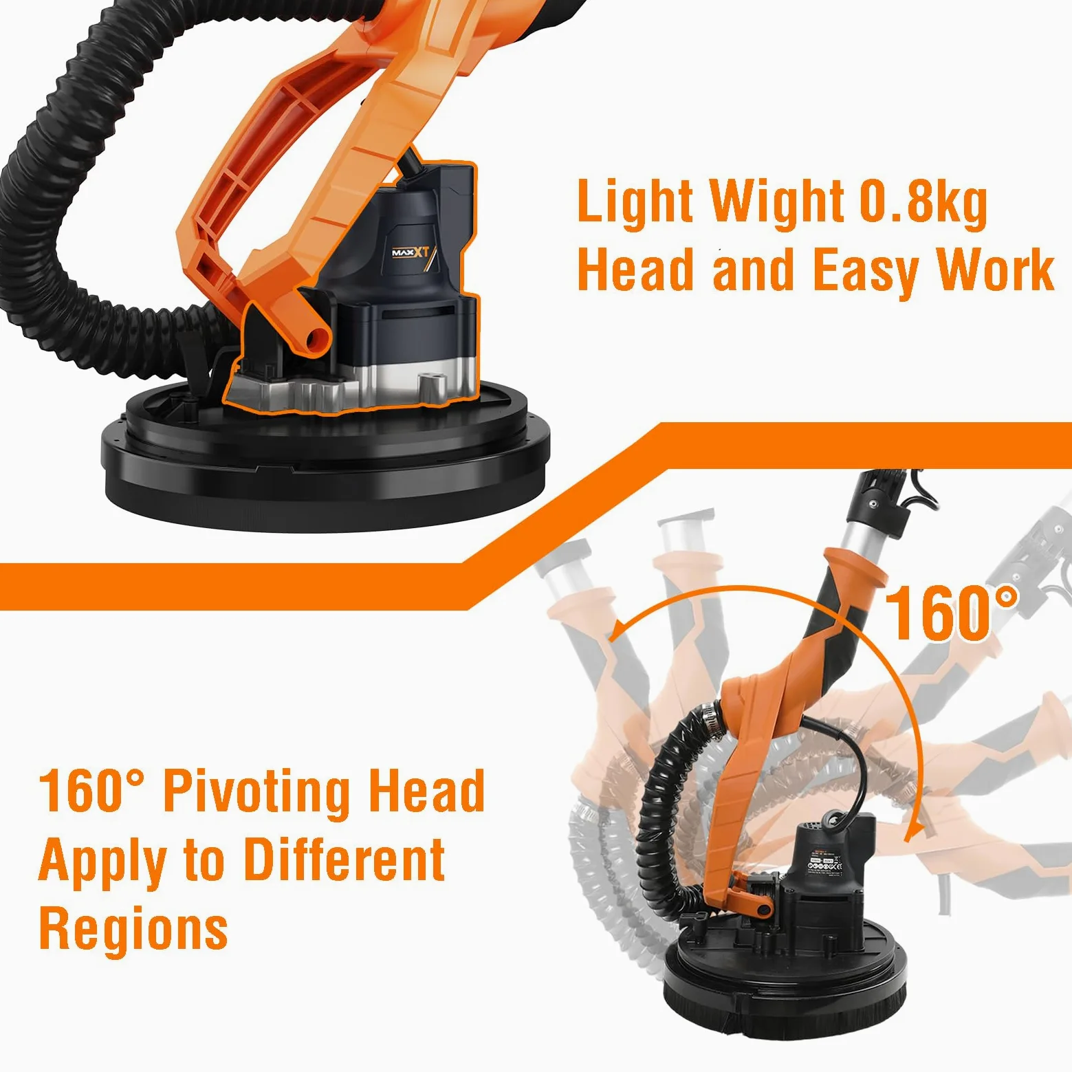 MAXXT Levigatrice per muro 20V senza spazzole: Sistema auto-aspirante, Velocità regolabile continua (600-1200 RPM), Disco da 225 mm, Pieghevole (estensibile 110-165 cm), Per pareti e soffitti