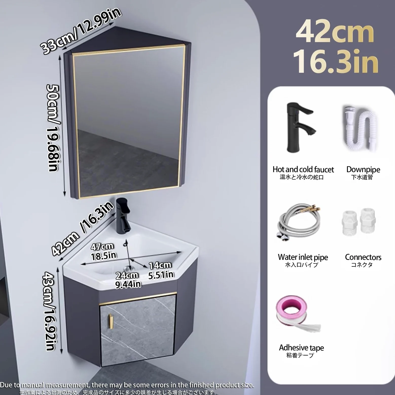 Bagno Lavabo Angolare su Piedistallo Mobile con Rubinetto e Scarico, Specchio e Sospeso per Bagno e Lavanderia