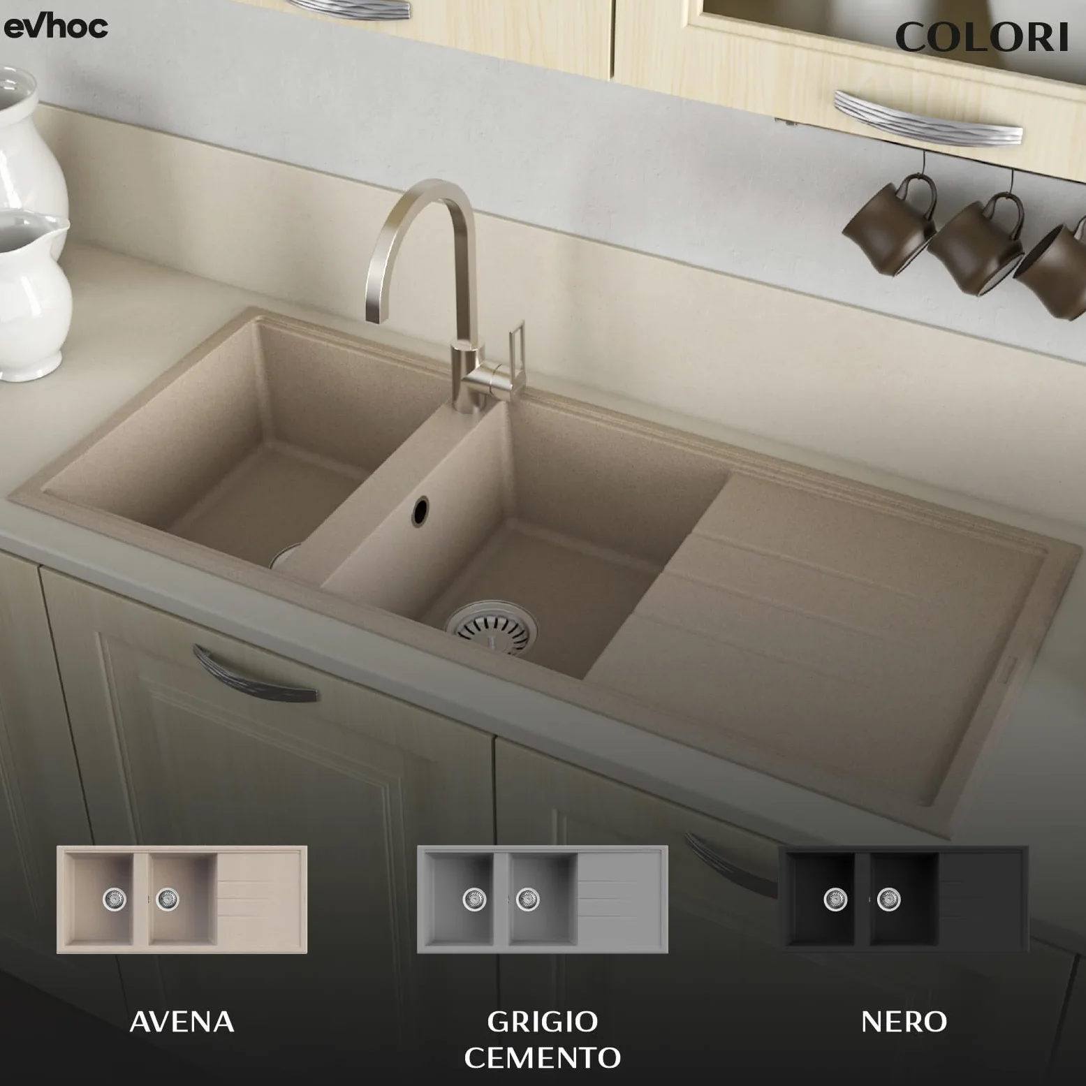 EVHOC Lavello Sopratop 116x50 cm, 2 Vasche con Gocciolatoio, Lavandino Reversibile per Cucina, Piletta Inclusa, Made in Italy, Avena, ADHOC L