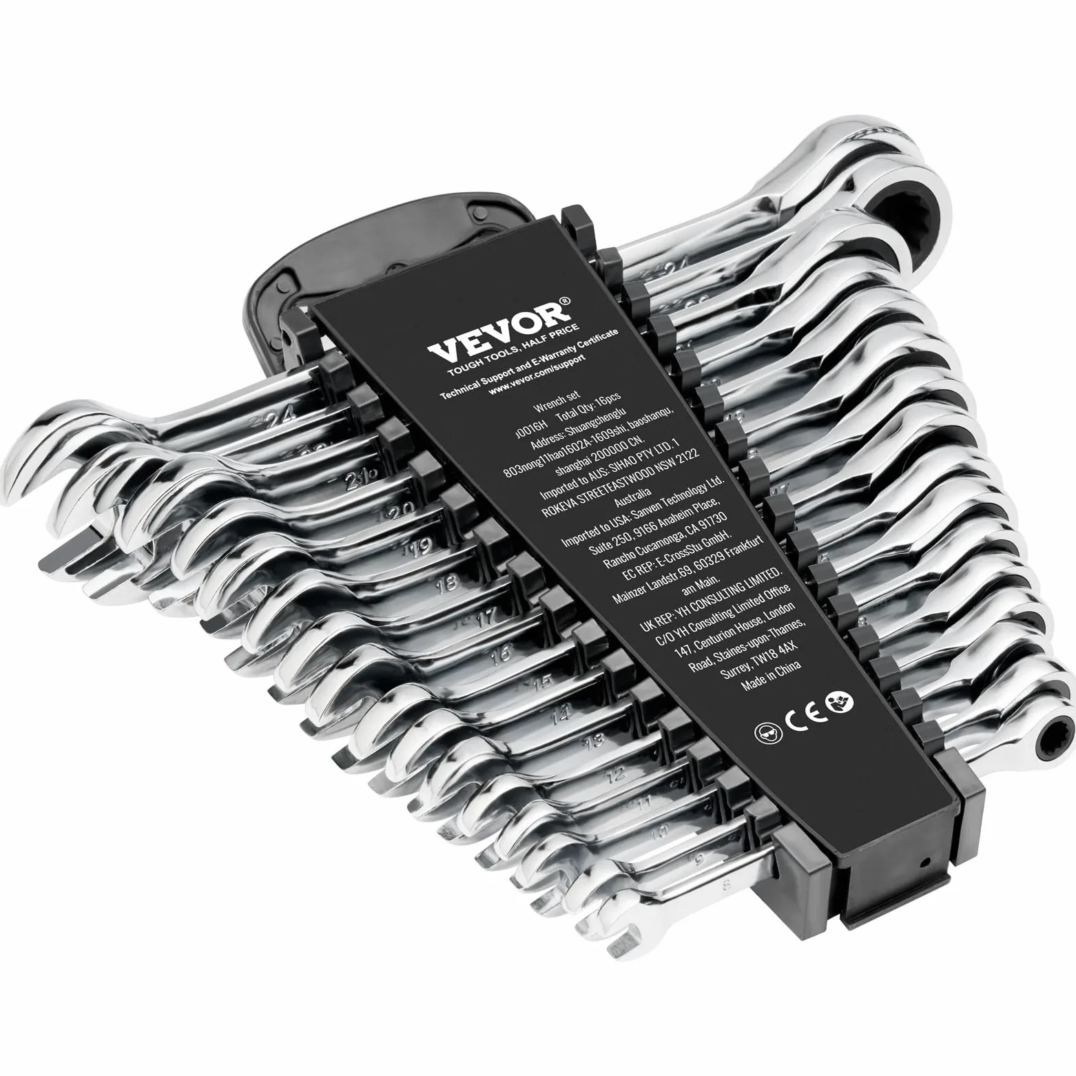 VEVOR Set di Chiavi Combinate da 16 Pezzi, Set di Chiavi a Cricchetto con Organizzatore per Rack, Set di Chiavi in ​​Acciaio Cr-V Metrico da 8 mm a 24 mm, per Casa, Garage, Officina, Riparazioni Auto