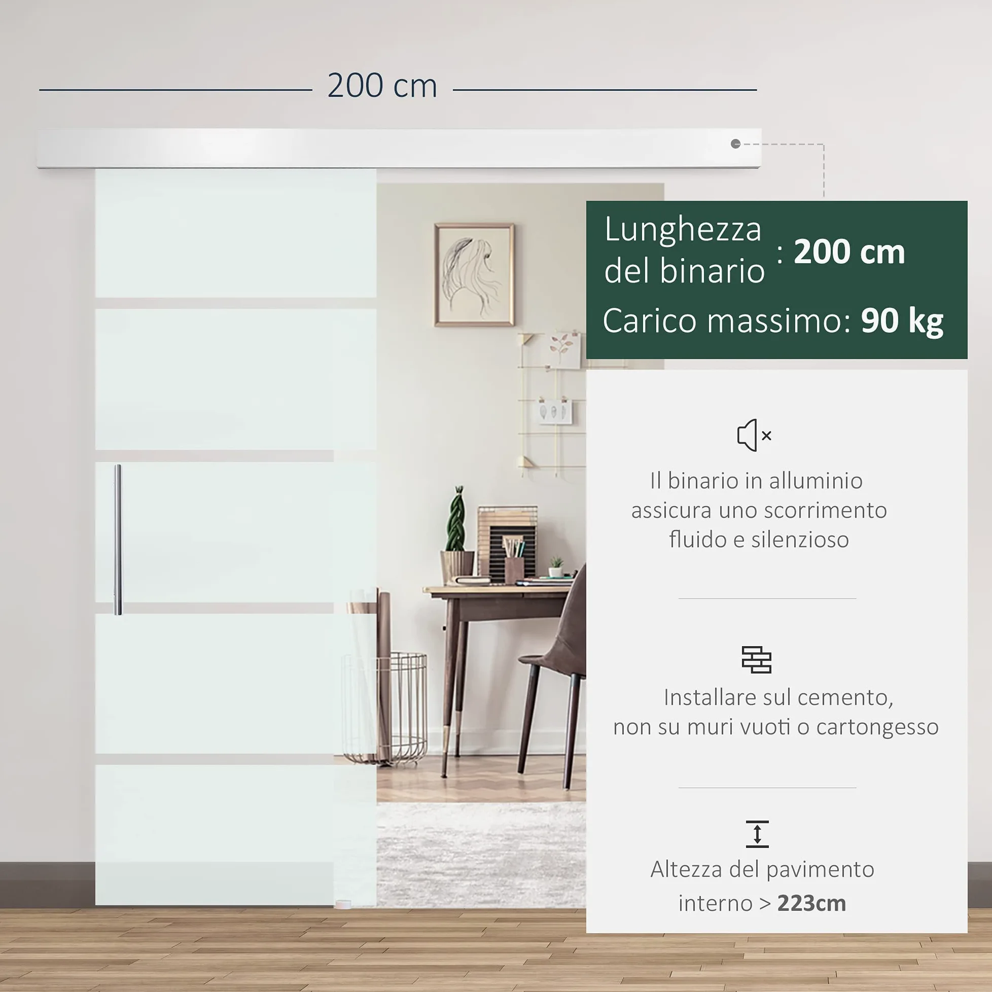 Homcom Porta Scorrevole in Vetro a Strisce con Binario in Alluminio, 75 x 210cm
