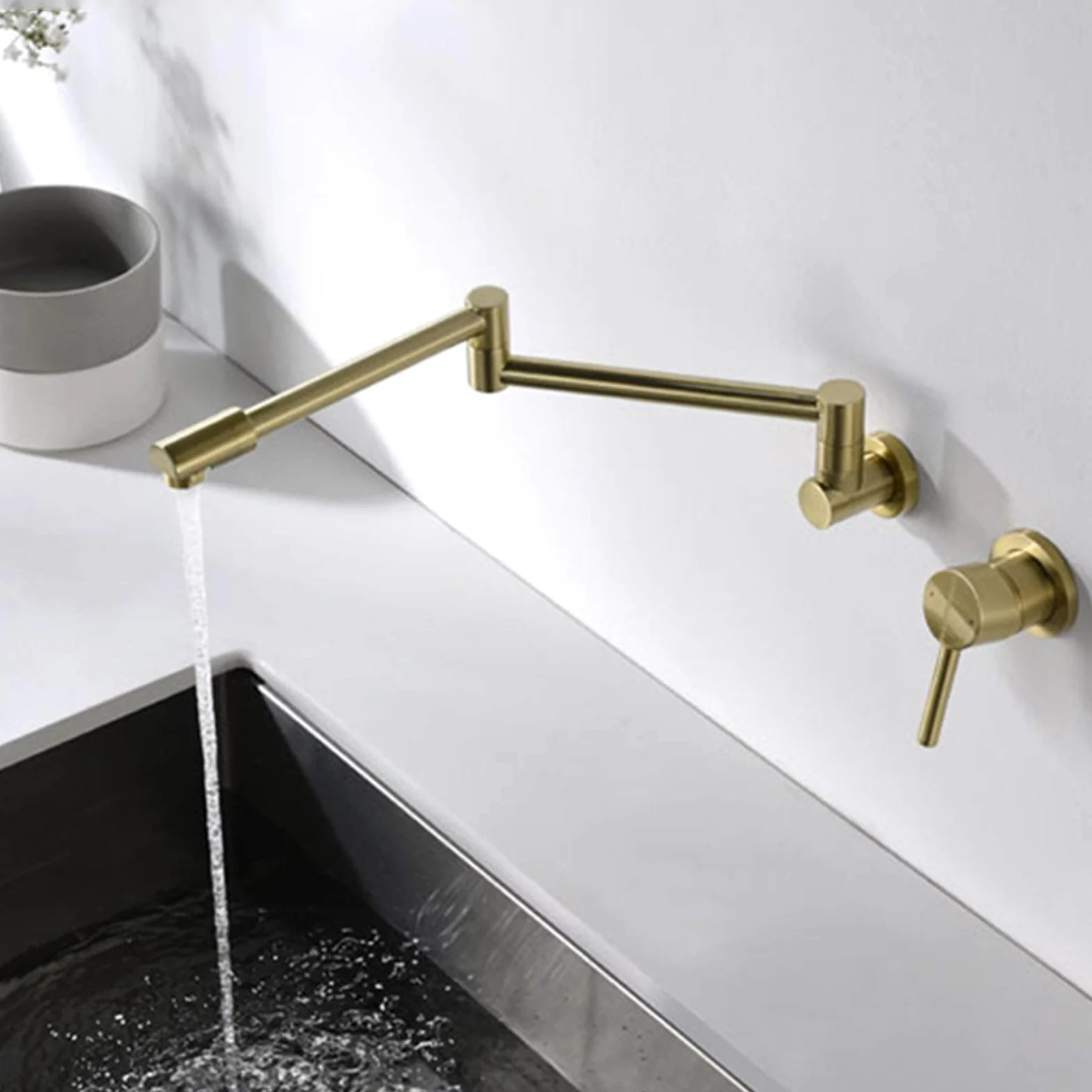 Rubinetto di riempimento per vaso a parete, design a doppio giunto snodato, rubinetto per lavello da cucina in ottone, miscelatore a due fori con maniglia singola, oro spazzolato