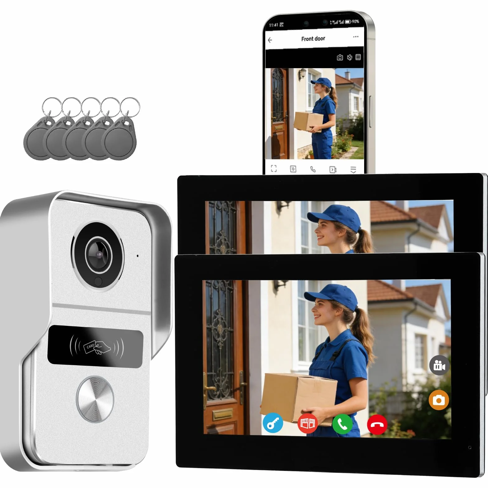 Videocitofono 2 Fili connesso, con fotocamera, versione notturna, vista dal vivo e conversazione, sblocco tramite monitor, 2 monitor da 7" con campanello cablato, per 1 famiglia