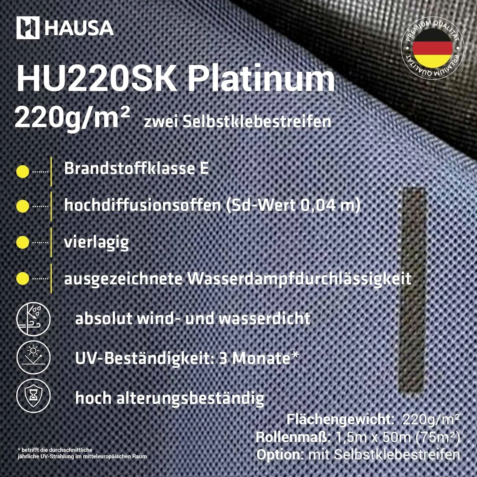 HAUSA Pannello sottostruttura Platinum HU220SK, 220 g/m², 75 m² (1,5 mx50 m), pellicola per tetti Platinum HU220SK, con 2 strisce adesive ad alta diffusione, impermeabile, resistente agli urti