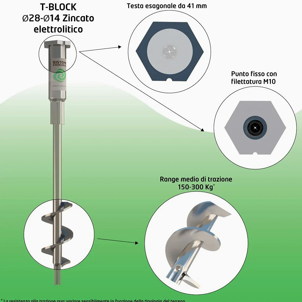 Viti per terreno T-BLOCK - Kit di 4 viti di ancoraggio a terra per gazebo e arredo da giardino. Ecologici, L 38 cm Ø 28-14 esagono da 41 mm con punto fisso M10.