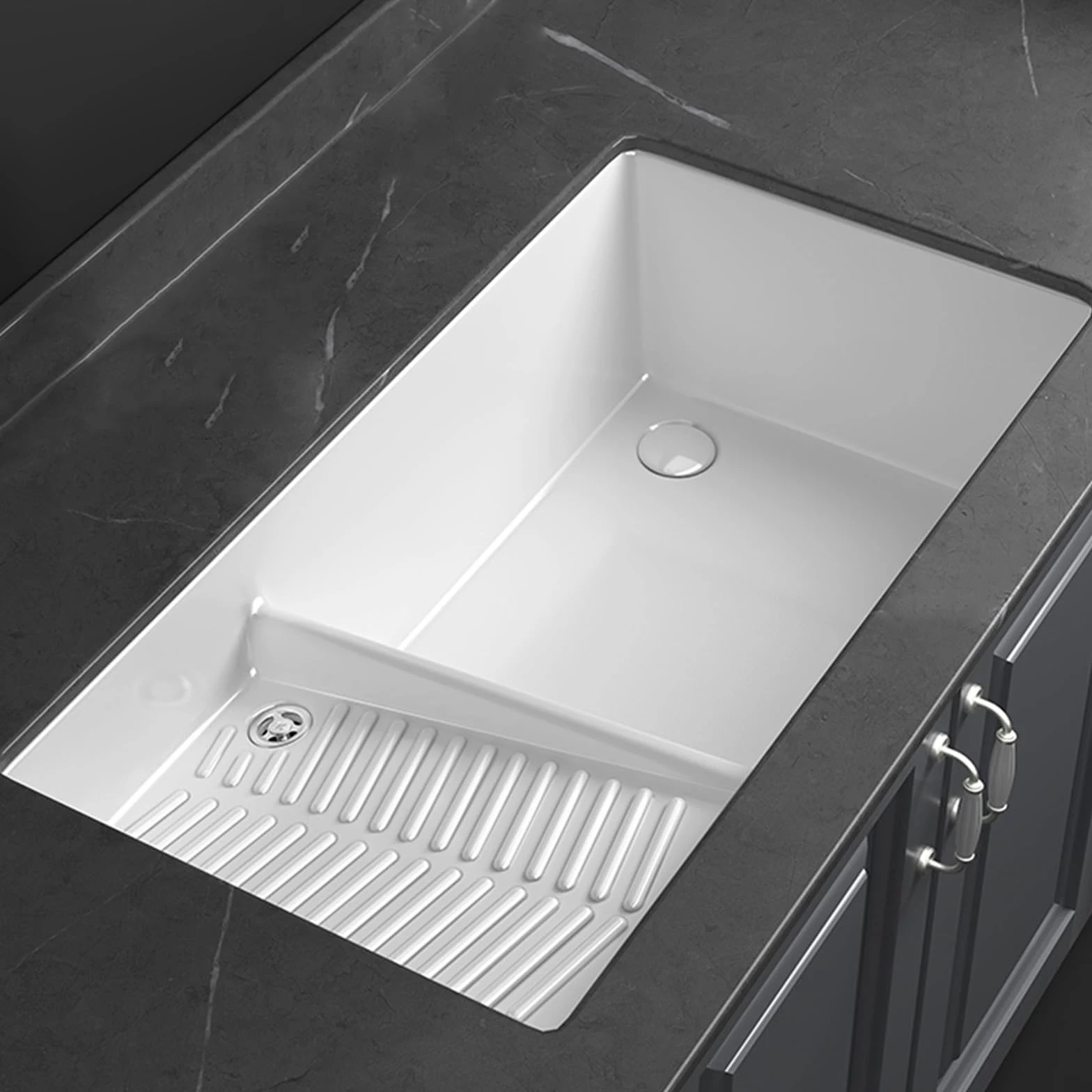 Lavandino rettangolare in ceramica bianca da bagno sottopiano,lavabo lavanderia da esterno,lavatoio ceramica,Con rubinetto bianco, adatto per lavanderia, balcone, bagno, cortile ( Size : 68*41.5 )