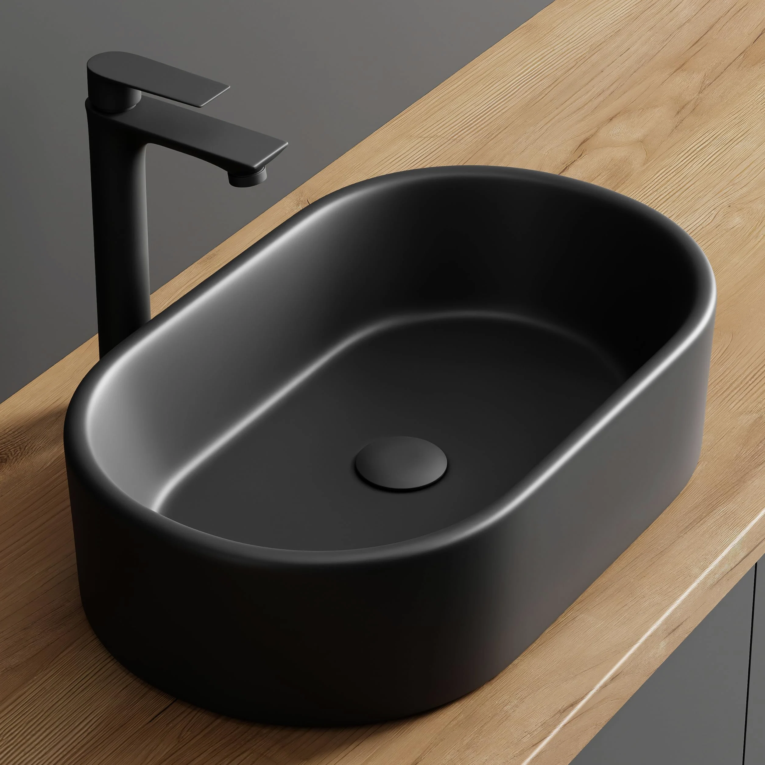 Planetmöbel Aquil Elegante lavabo ovale | Lavabo da appoggio per bagno e WC degli ospiti | Lavabo a mano senza foro per rubinetto e troppopieno, nero, 55 x 34 x 14 cm