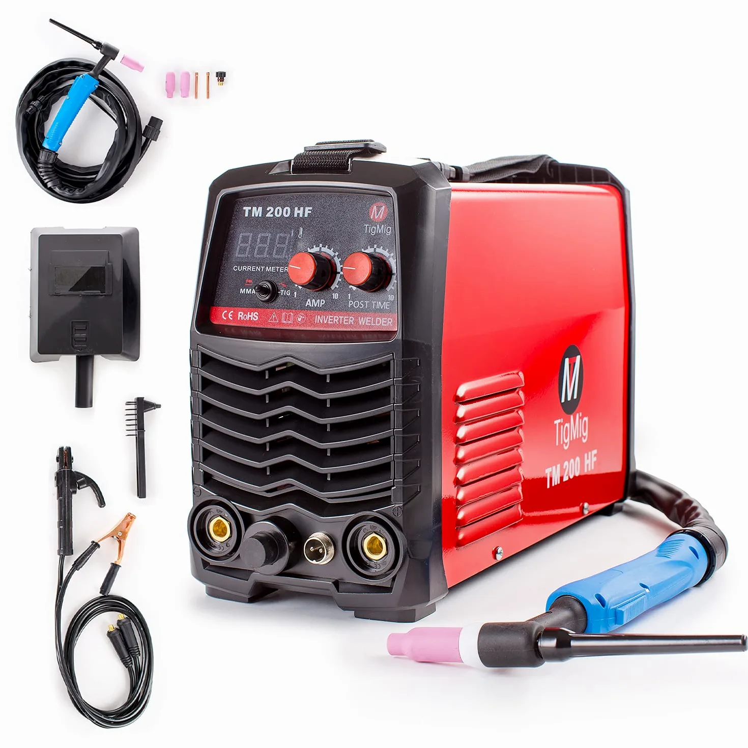 TIGMIG Saldatrice inverter DC TIG e MMA (Elettrodo), Mod. TM 200 HF, Innesco Alta Frequenza, 200 Amp, Con Accessori, Funzioni Hot Start, Arc Force, Anti-sticking in modalità MMA, Portatile, Compatta