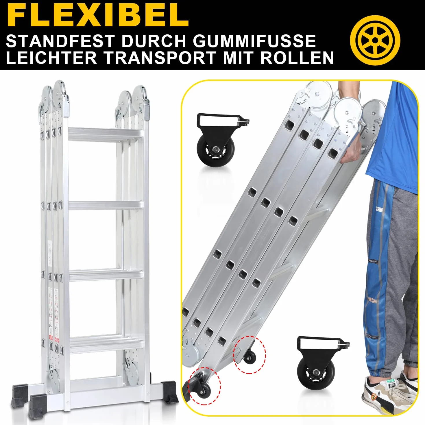 Herrselsam Scala multiuso 4 x 4, 7 in 1, 470 cm, in alluminio, con 2 piattaforme e ruote, portata massima 150 kg, scala multifunzione 16 pioli (DY8972-M-1x)