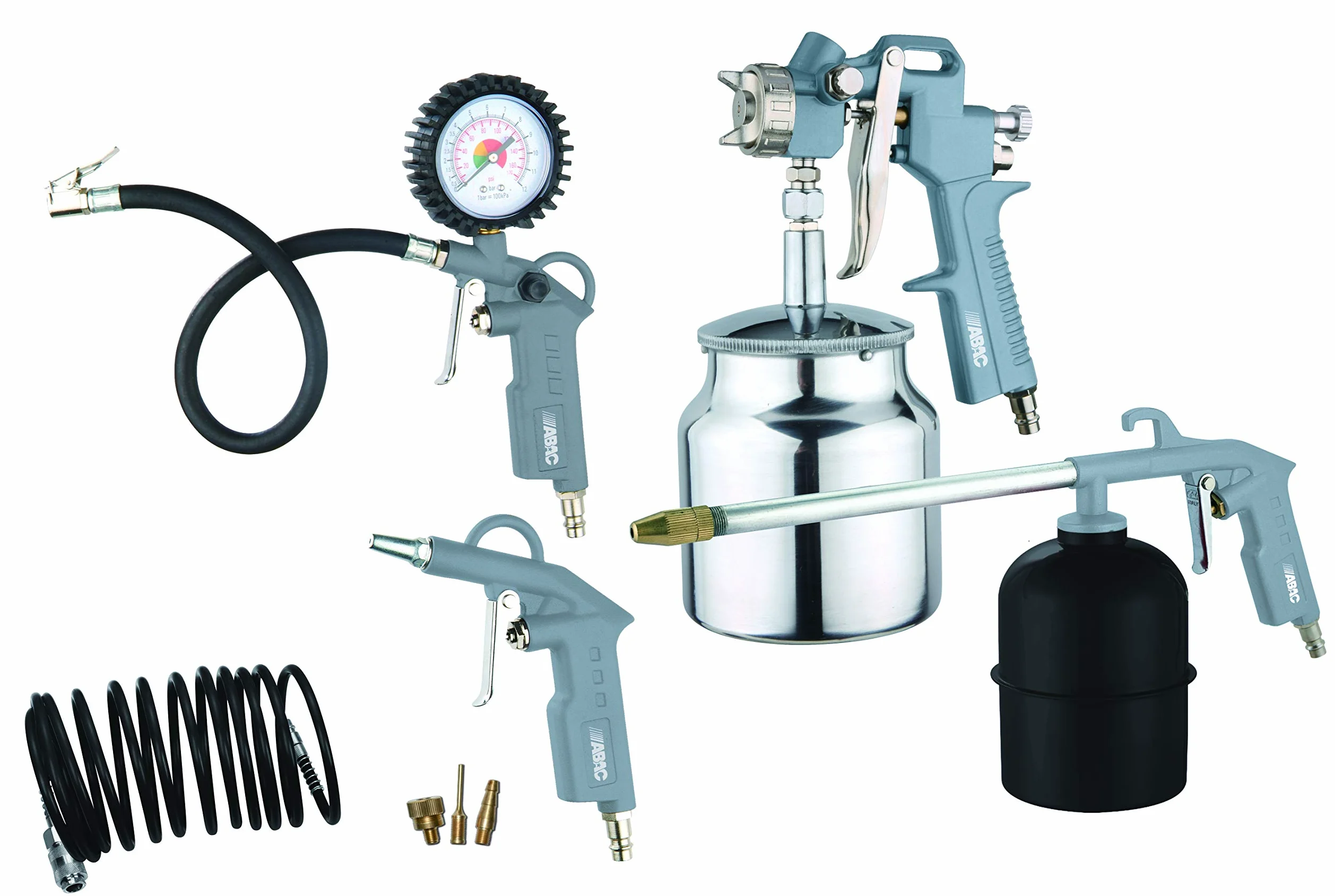 ABAC Kit Accessori per Compressore 8 Pezzi G-810AL, Inclusi Gonfiagomme con Manometro, Pistola di Soffiaggio, Pistola a Spruzzo per Vernice 1L, Pistola di Lavaggio 0.9L, Tubo a Spirale 5 m