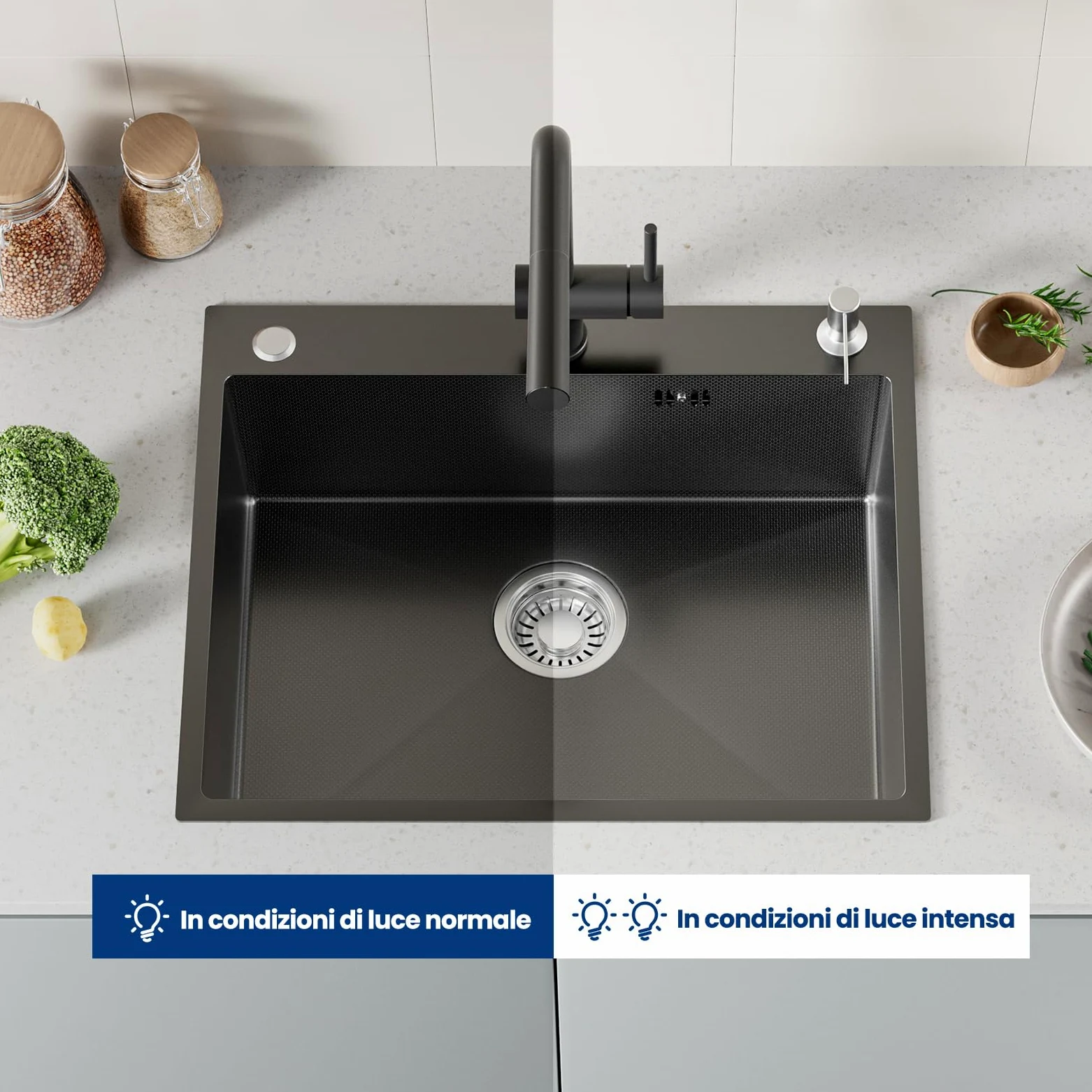 CECIPA 60x49 cm Lavello Nero 1 Vasca in Acciaio Inox, Lavandino Cucina 1 Vasca con Dispenser Sapone e Cestello, Lavello Cucina per Mobile da 60cm, da Incasso o Banco, con Sifone e Scarico