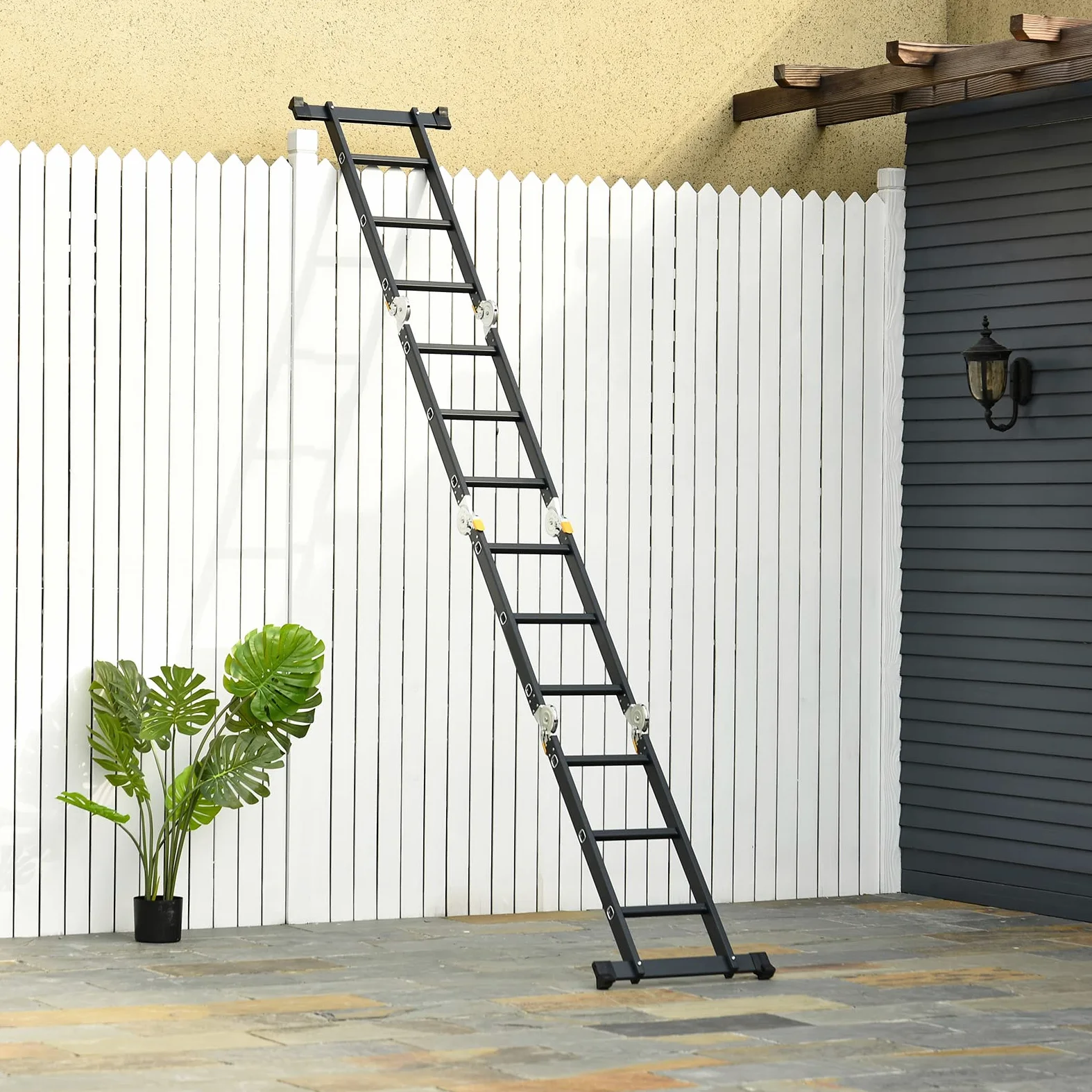 DURHAND Scala in Alluminio 5 in 1 Nera con 2 Pannelli di Sostegno, Scala Pieghevole per Interni ed Esterni, Carico Massimo 150kg, 370x61x11 cm