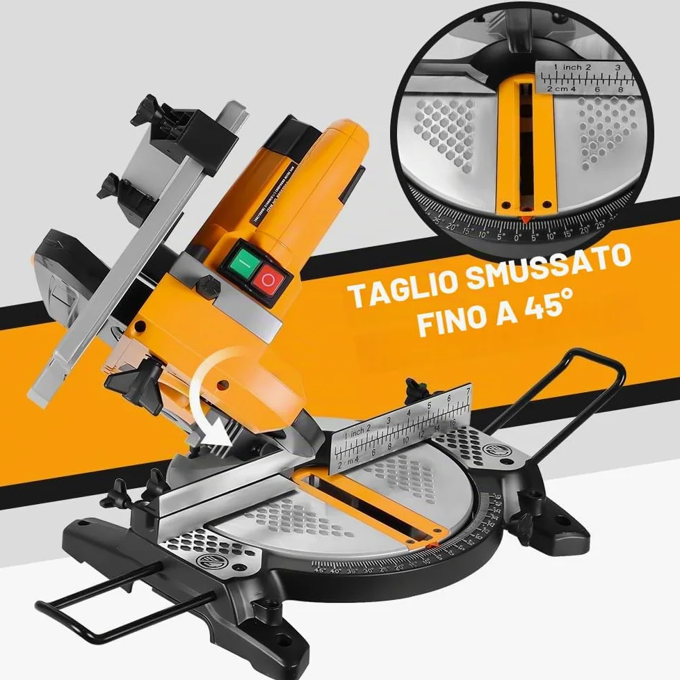 Hoteche Sega da tavolo multifunzione da 210 mm, 1200 W, 4500 giri/min, motore in rame, sega circolare da tavolo con lama per sega TCT 210 x 30 mm 24T per tagli precisi 0° 45° con accessori e barre di