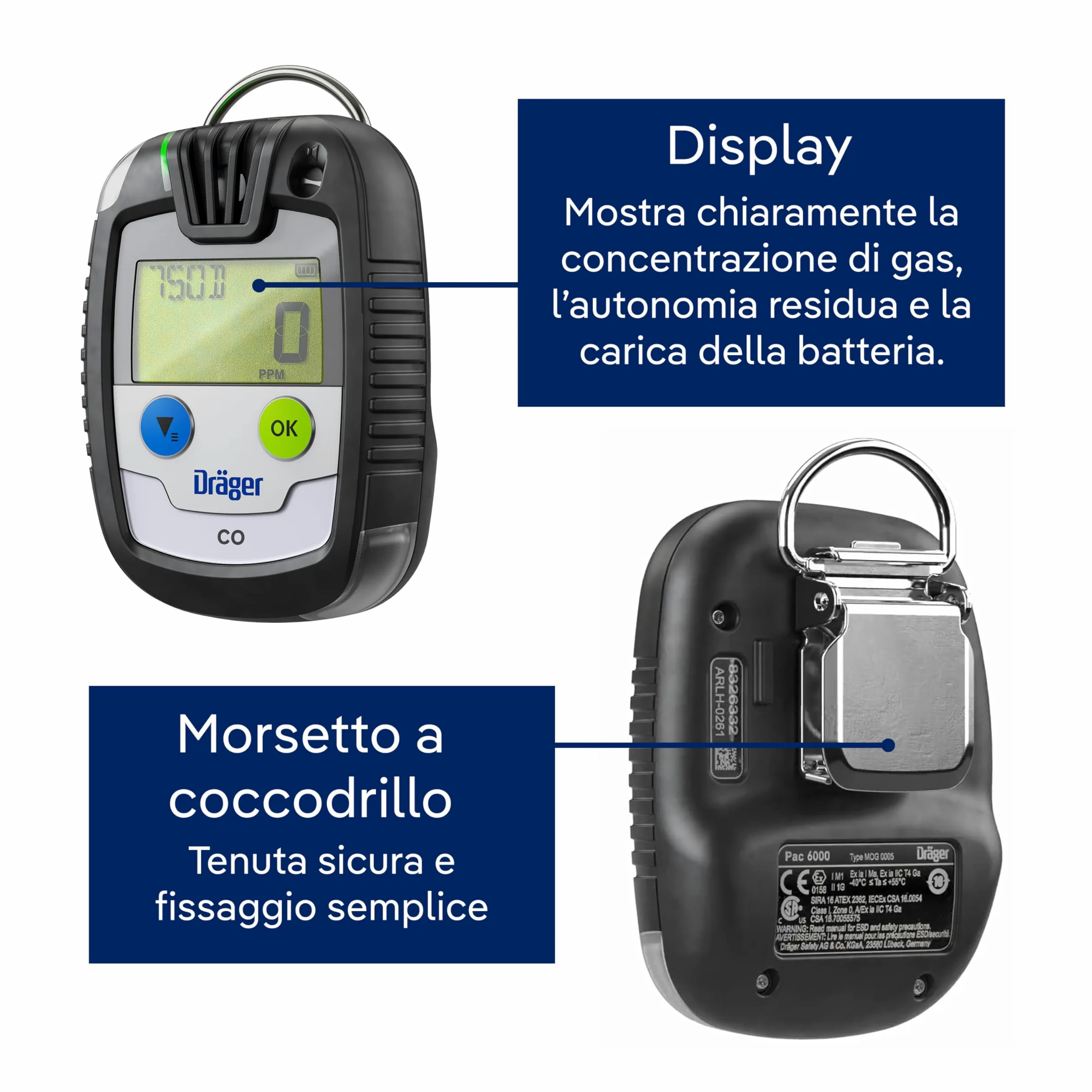 Dräger Pac® 6000 CO | Dispositivo professionale portatile per la rilevazione di monossido di carbonio| Rilevatore monogas con allarme, sensore e batteria di lunga durata