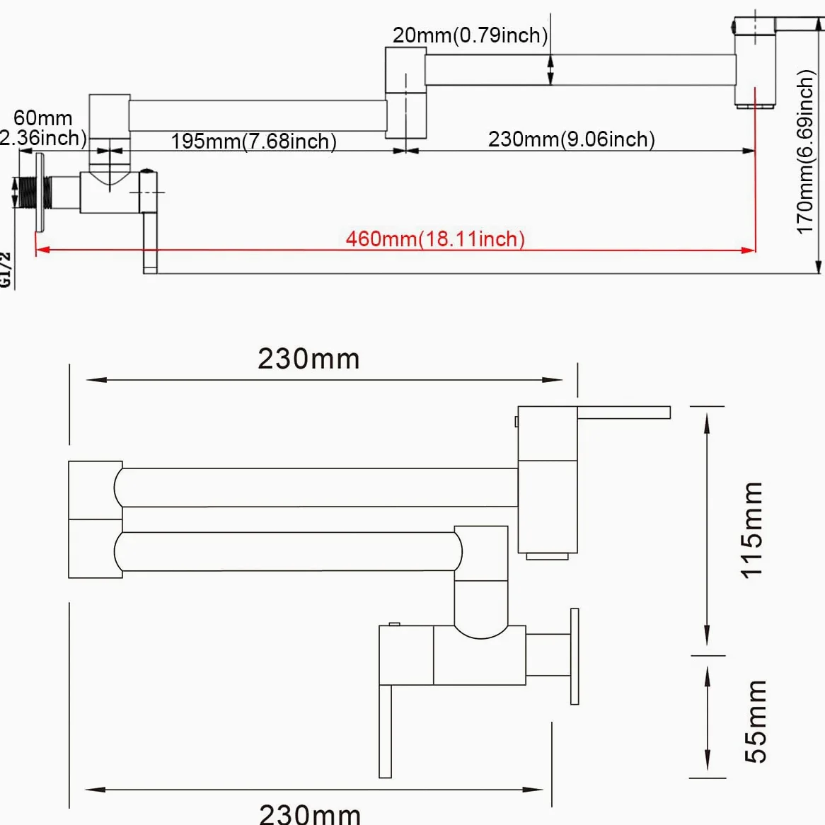 HomeLava Rubinetto da cucina nero a parete, Rubinetto riempitore per pentola, Rubinetto a muro in ottone Pieghevole, Girevole a 360°, 2 maniglie (nero)