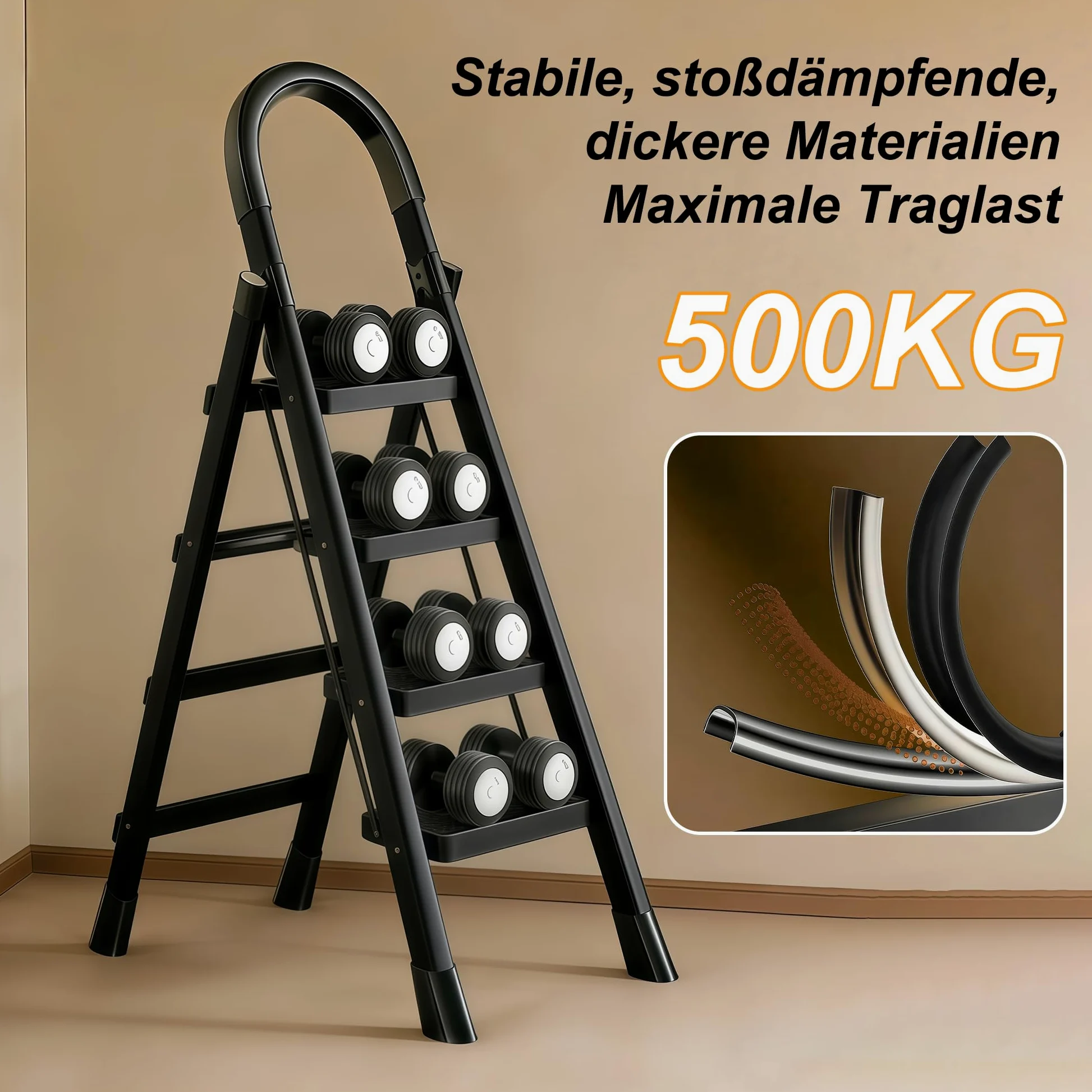 Scala Scaletta 5 Gradini in Acciaio Al Carbonio,Scala 5 Gradini con di blocco di sicurezza,Scaletta Pieghevole Ampia pedana antiscivolo,per Scaletta Cucina Portata 150 kg,Bianco e NeroNero