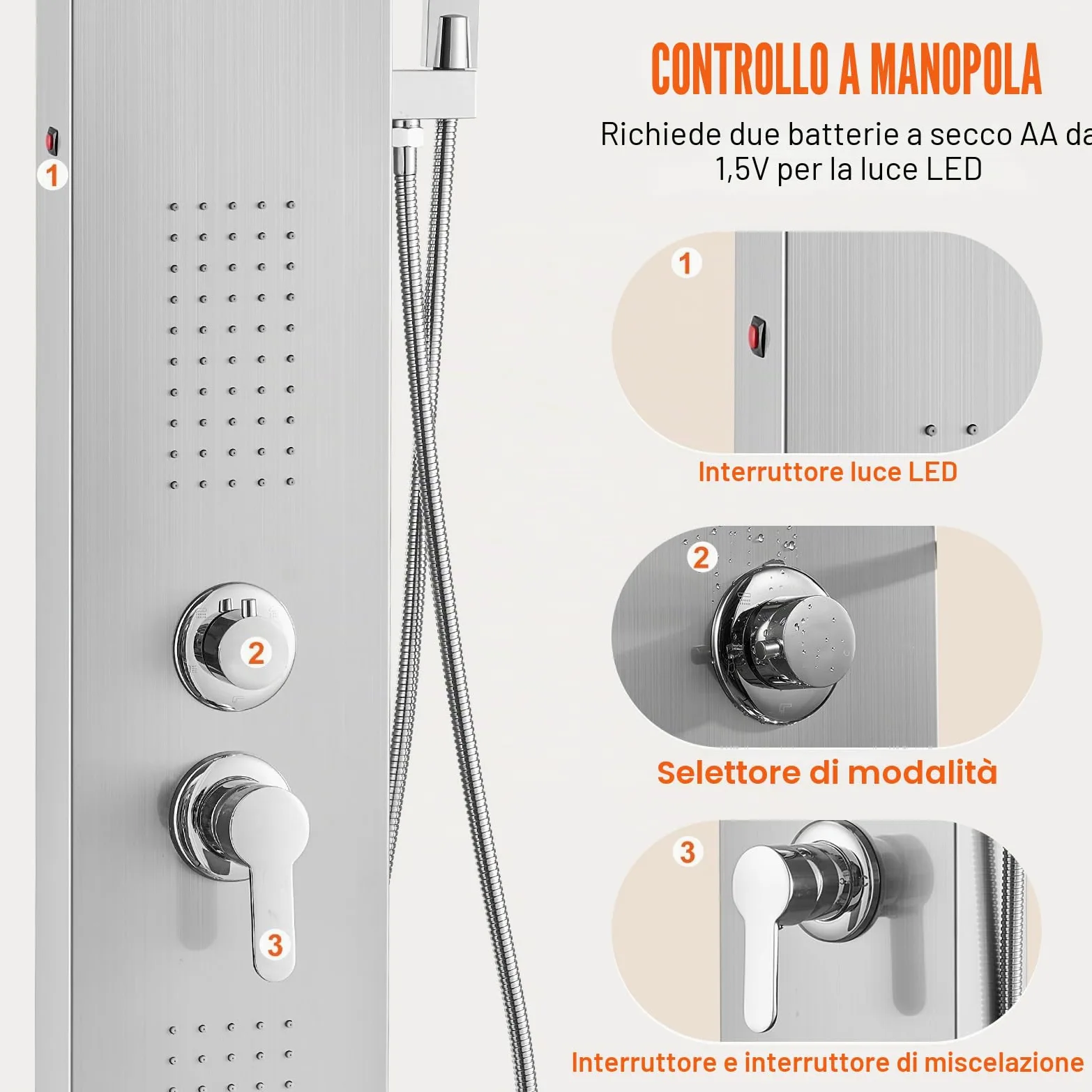 VEVOR Pannello Doccia 5 Modalità, Torre Doccia LED, Pioggia, Cascata, 2 Getti Massaggianti, Bocca Vasca, Soffione Mano, Argento Spazzolato