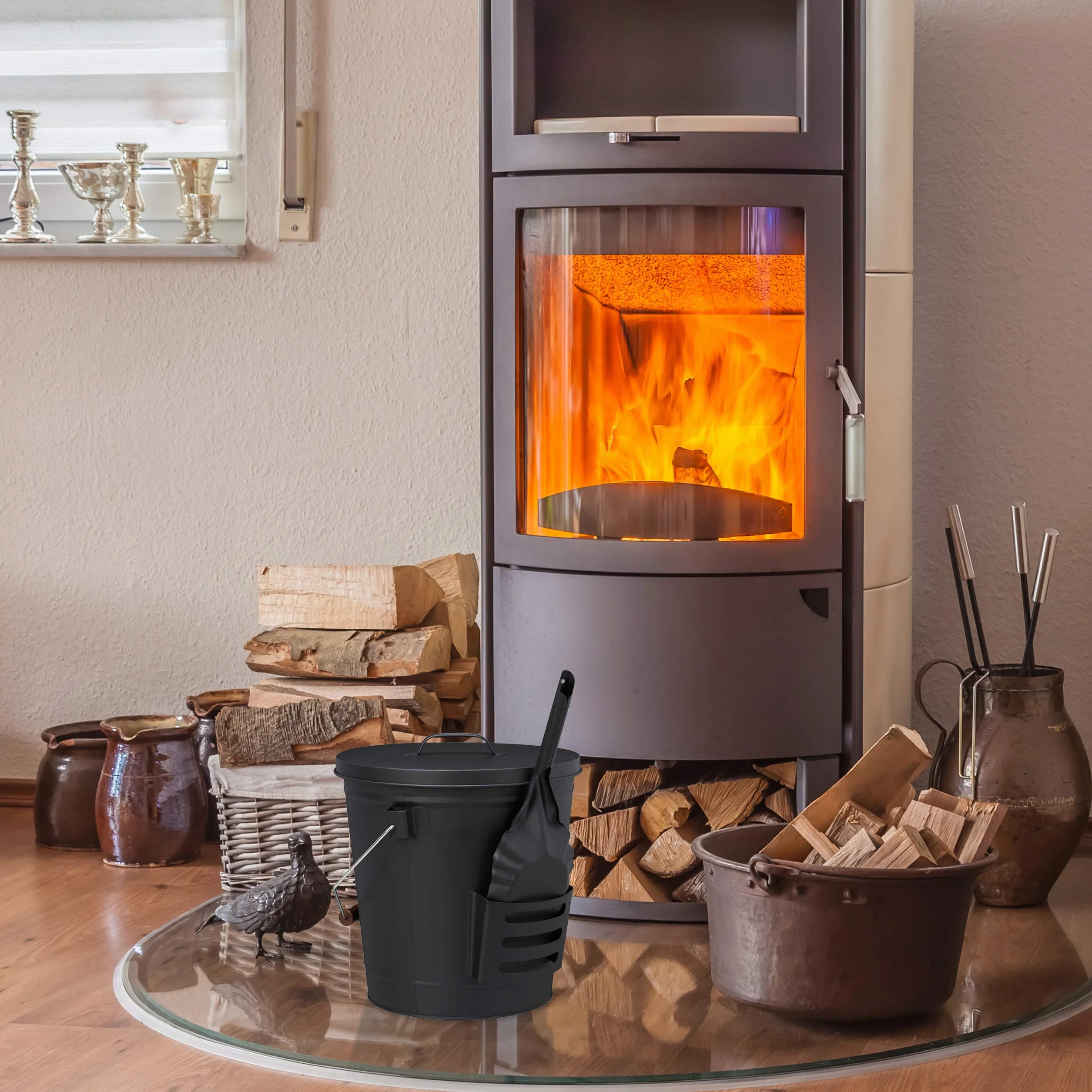 Relaxdays Secchio Raccogli Cenere con Coperchio e Paletta, Acciaio, con Impugnatura, 19 l, per Camino & Grill, Nero