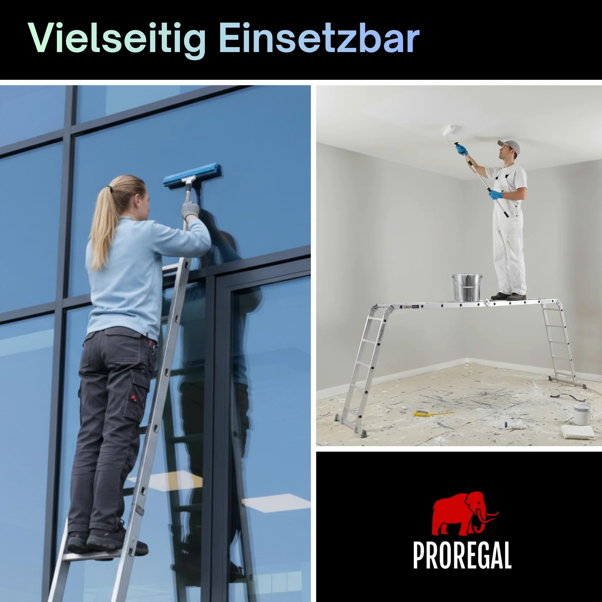 PROREGAL Scala multiuso a pioli MULTISTEP, 4 sezioni in alluminio, 4x5 pioli, altezza fino a 5,7 m, portata 150 kg, ponteggio di lavoro, scala a pioli, scala a pioli appoggiata