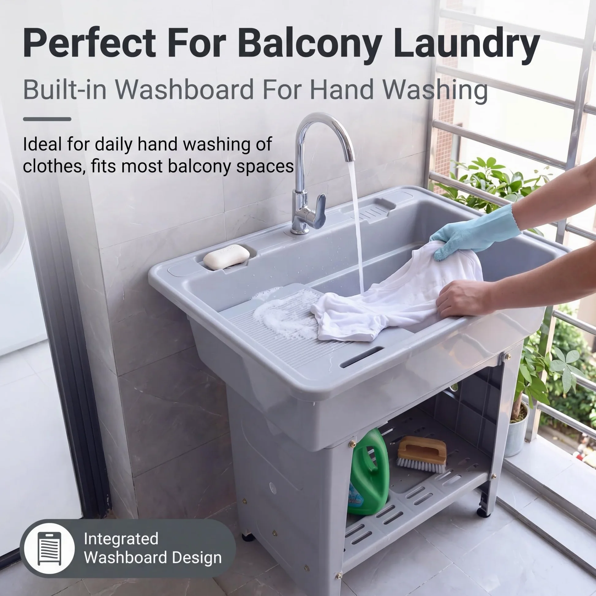Lavatoio da Esterno in Plastica PP, 80X58X80CM Mobile Lavandino da Lavanderia Portatile, Lavello Biancheria Indipendente, Lavabo Lavapanni con Asse Rimovibile, per Interno, Garage, Giardino, Cantina